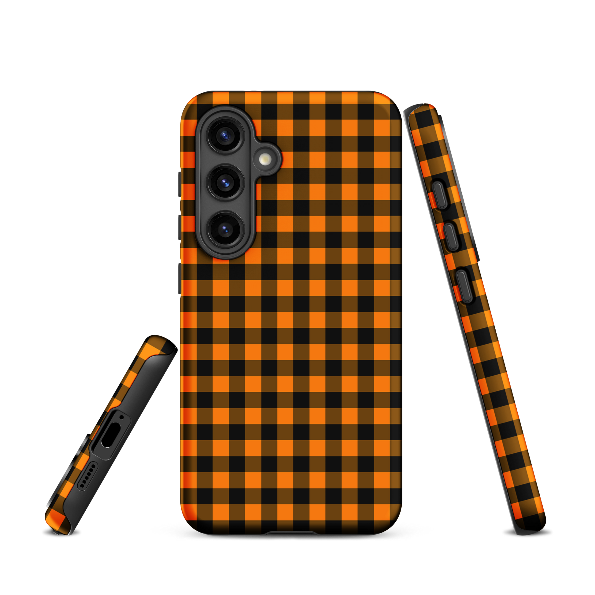 Black-and-orange gingham phone case for Samsung Galaxy featuring durable autumn theme design