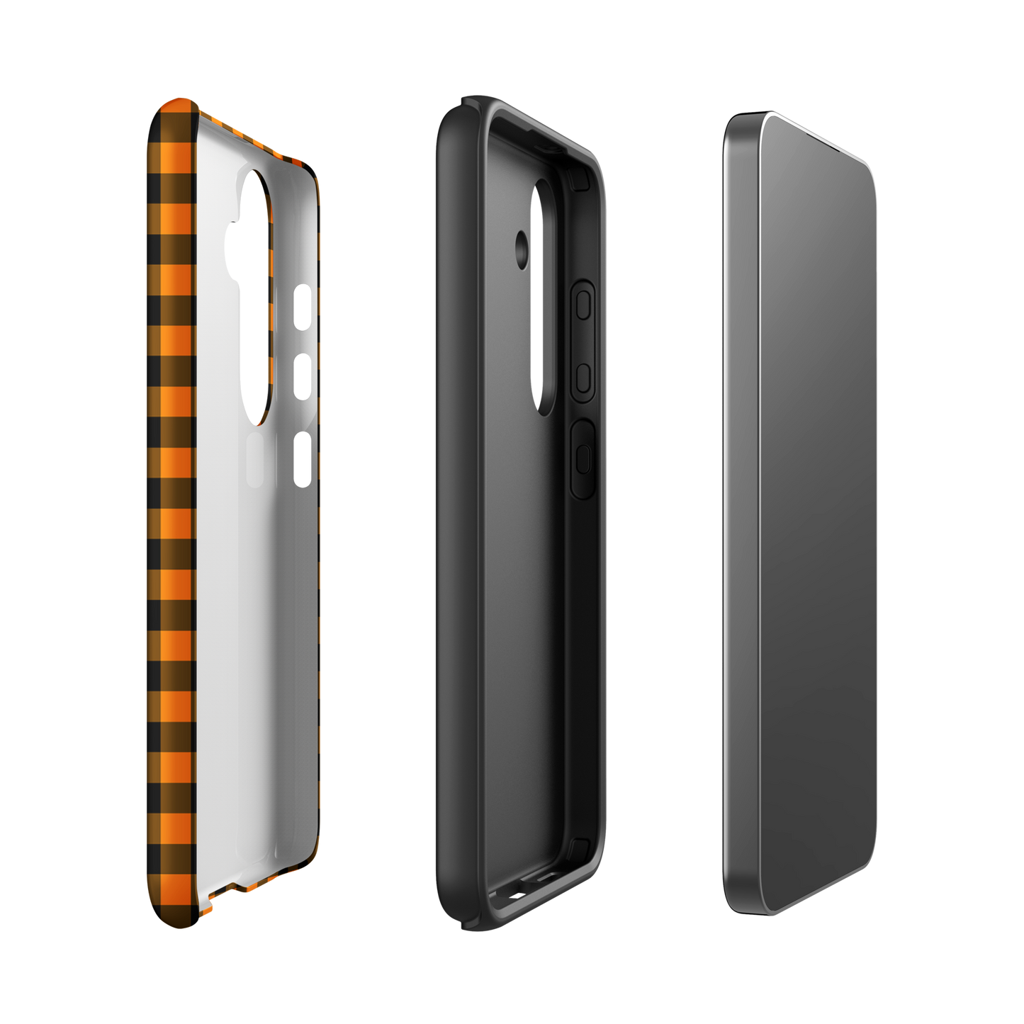 phone case for Samsung Galaxy with black-and-orange gingham autumn theme displayed in three parts