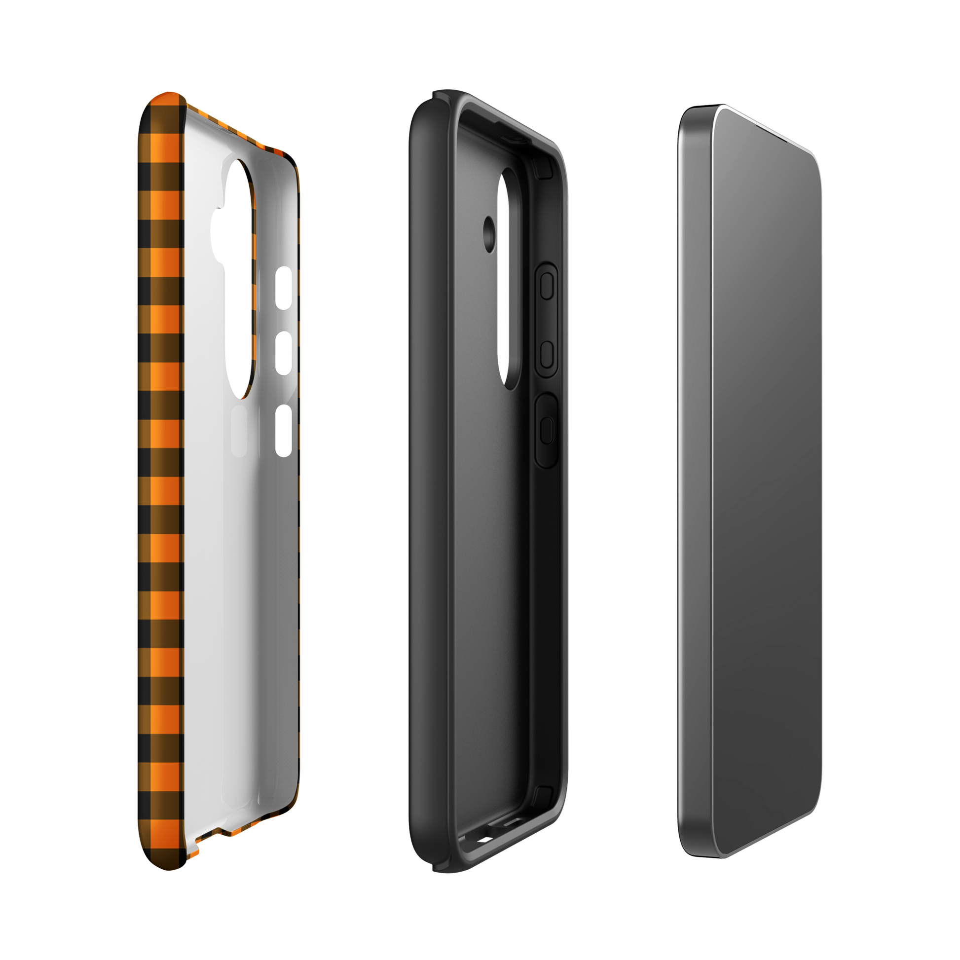 phone case for Samsung Galaxy with black-and-orange gingham autumn theme displayed in three parts