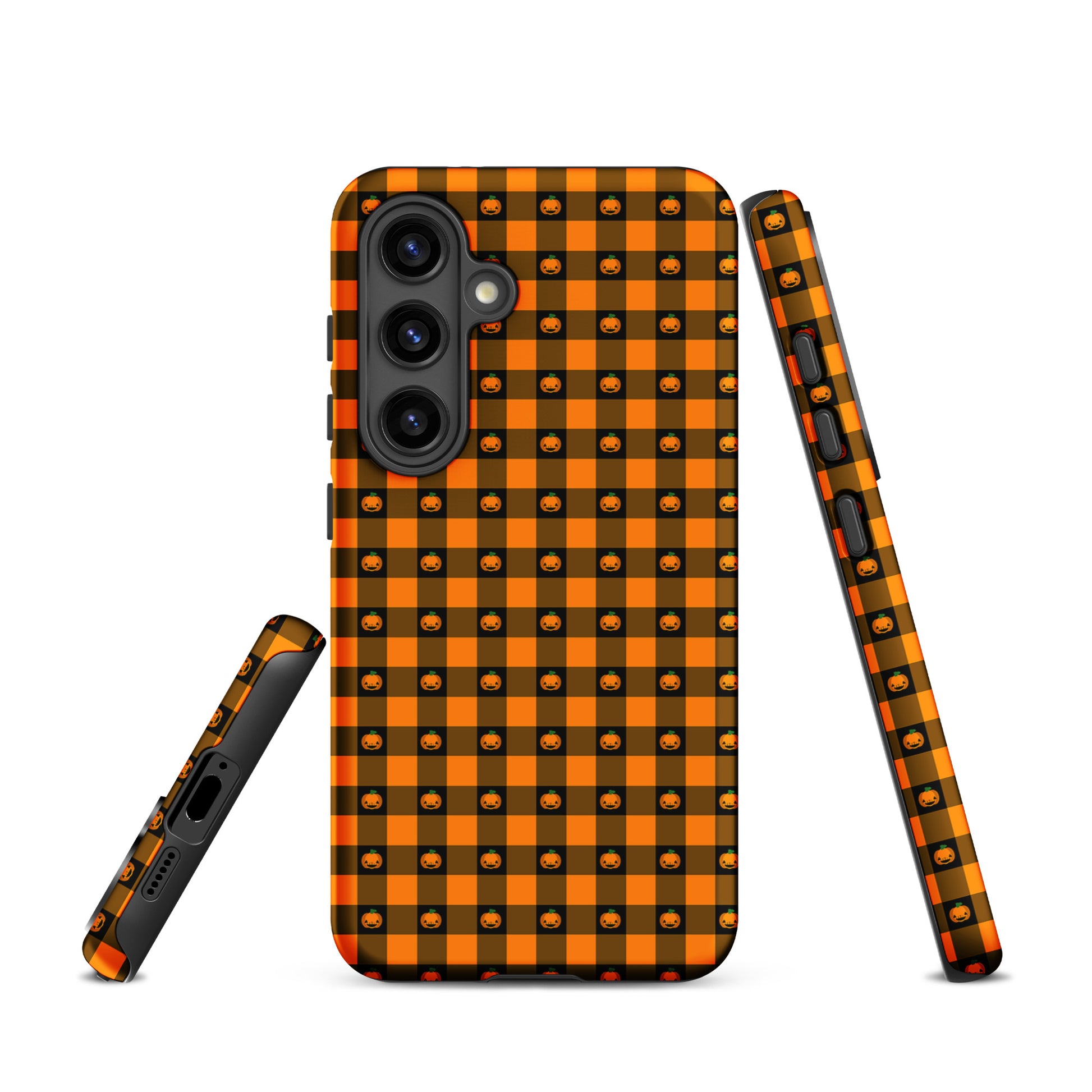 Phone Case for Samsung Galaxy with playful pumpkin gingham Halloween design, featuring jack-o’-lantern faces and festive charm.