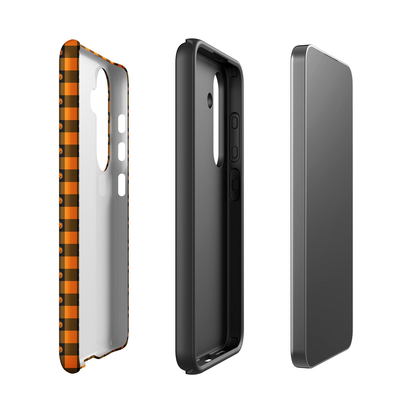 Phone Case for Samsung Galaxy with playful pumpkin gingham Halloween design, showcasing side and back views.