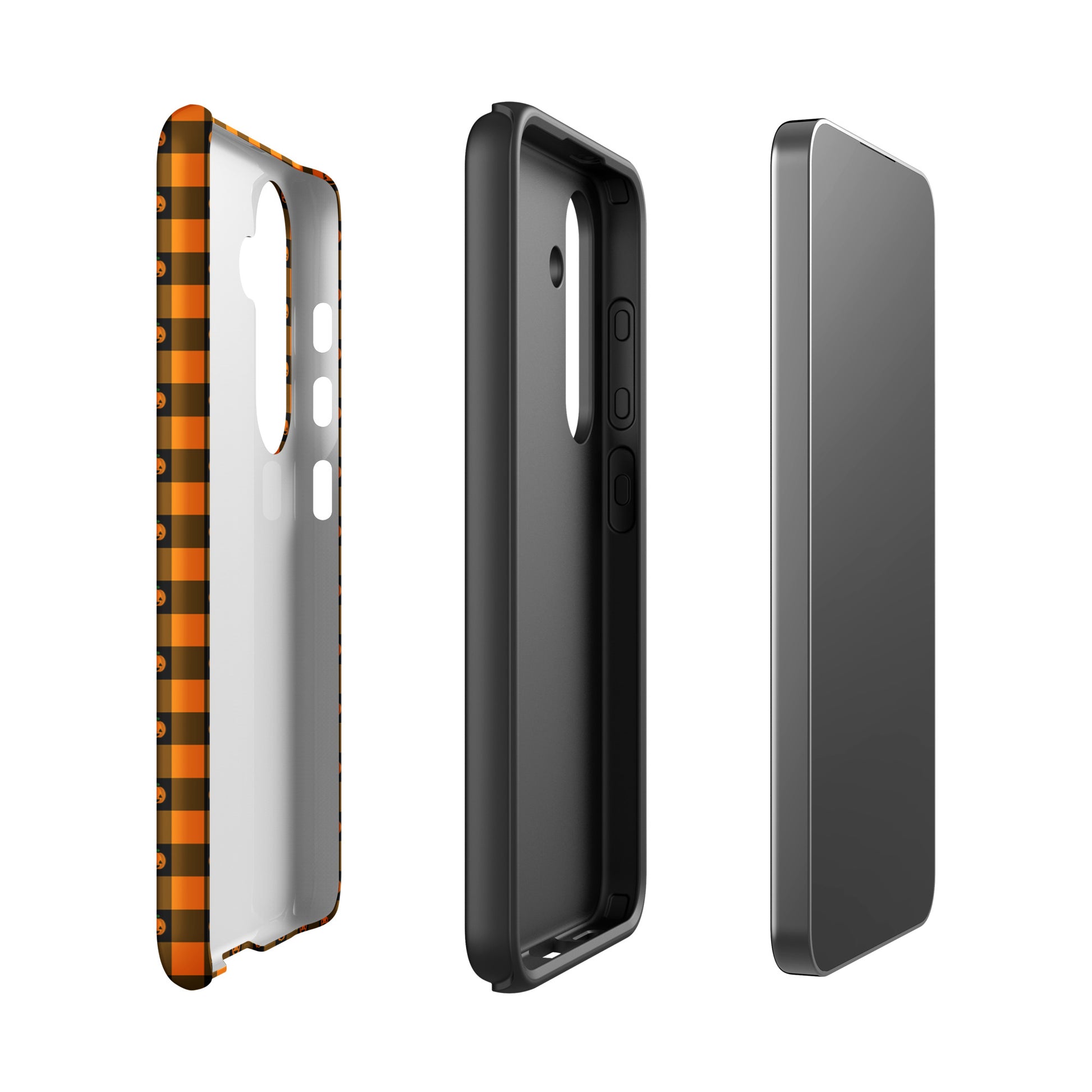 Phone Case for Samsung Galaxy with playful pumpkin gingham Halloween design, showcasing side and back views.