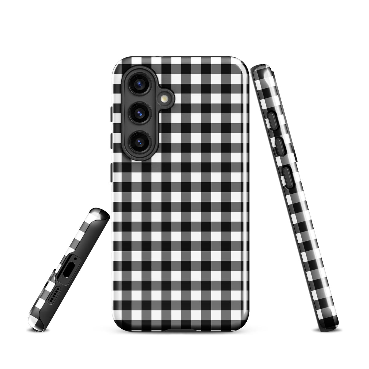 Black and white gingham Phone Case for Samsung Galaxy, showcasing style and protection from every angle.