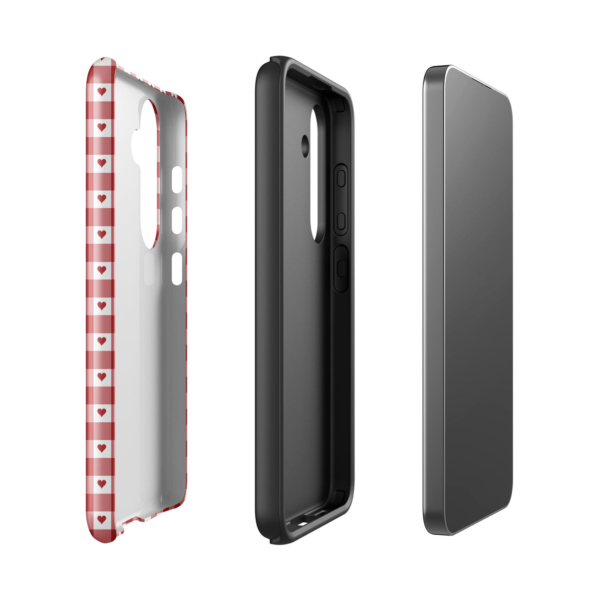 Phone Case for Samsung Galaxy featuring red gingham heart pattern, stylish and durable design with red hearts.