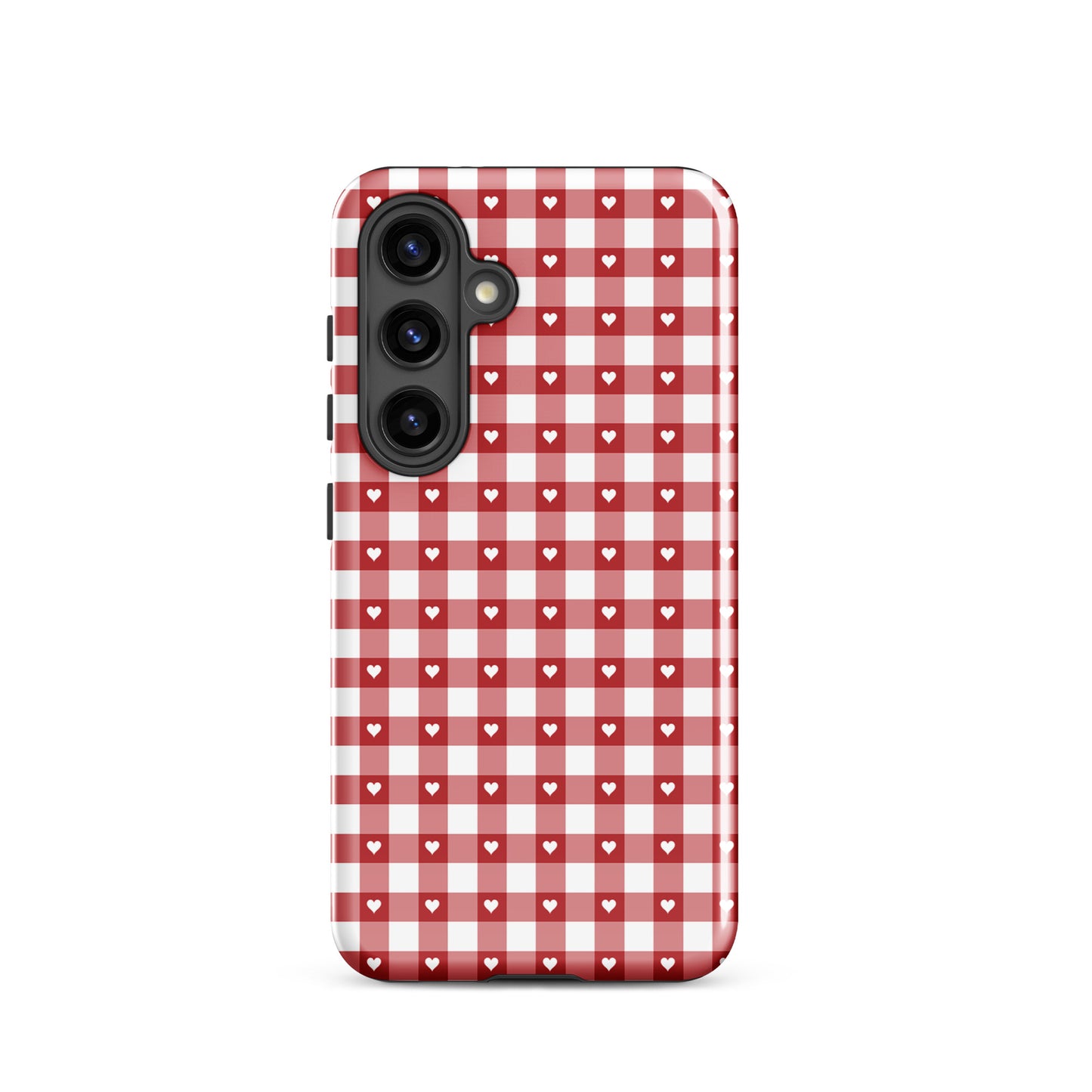 Phone Case with red-and-white gingham pattern and white hearts for Samsung Galaxy