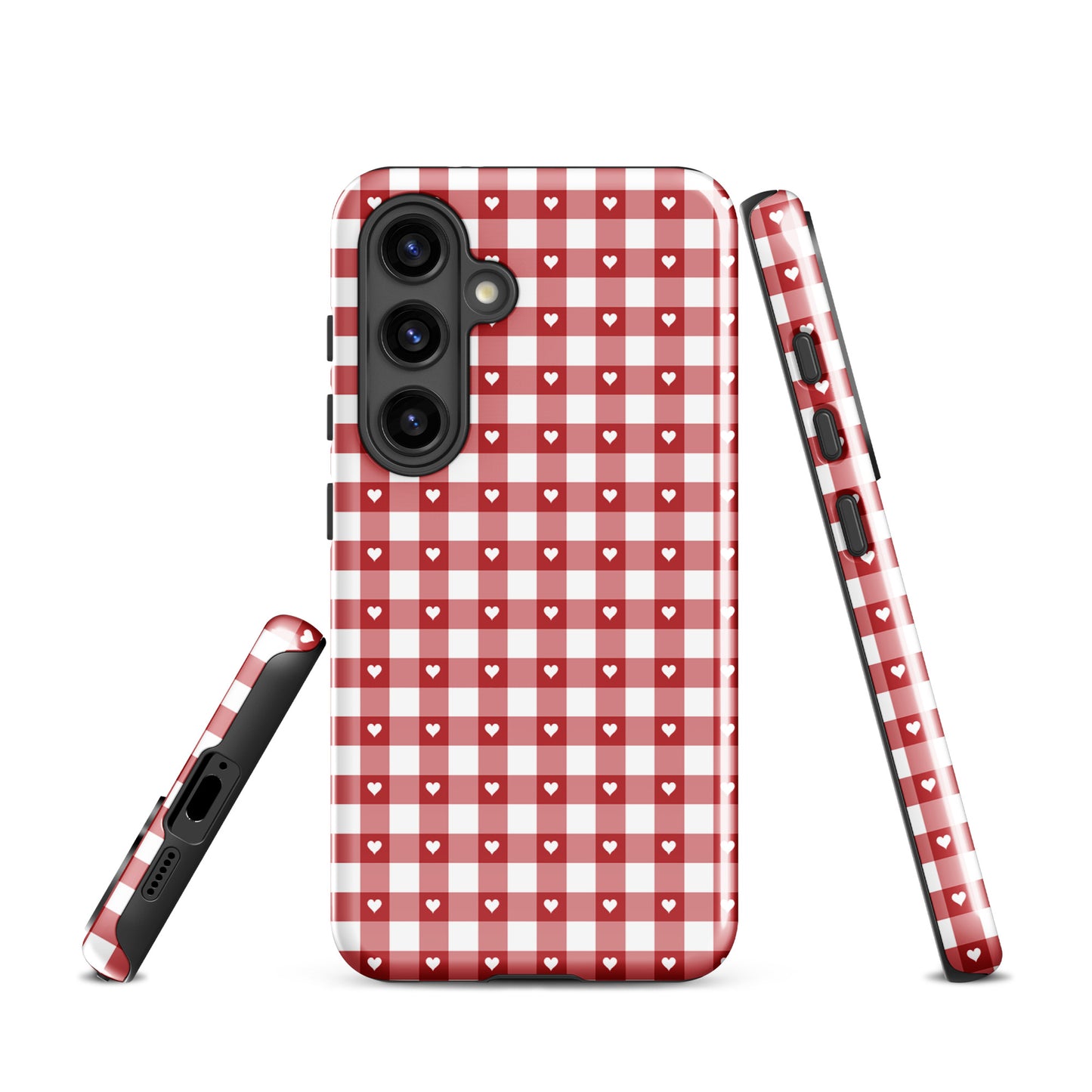 Phone Case for Samsung Galaxy with red and white gingham pattern and heart design, offering style and protection.