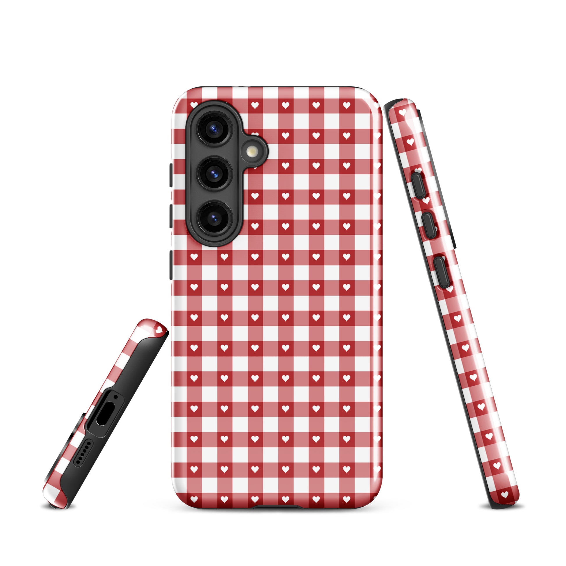 Phone Case for Samsung Galaxy with red and white gingham pattern and heart design, offering style and protection.