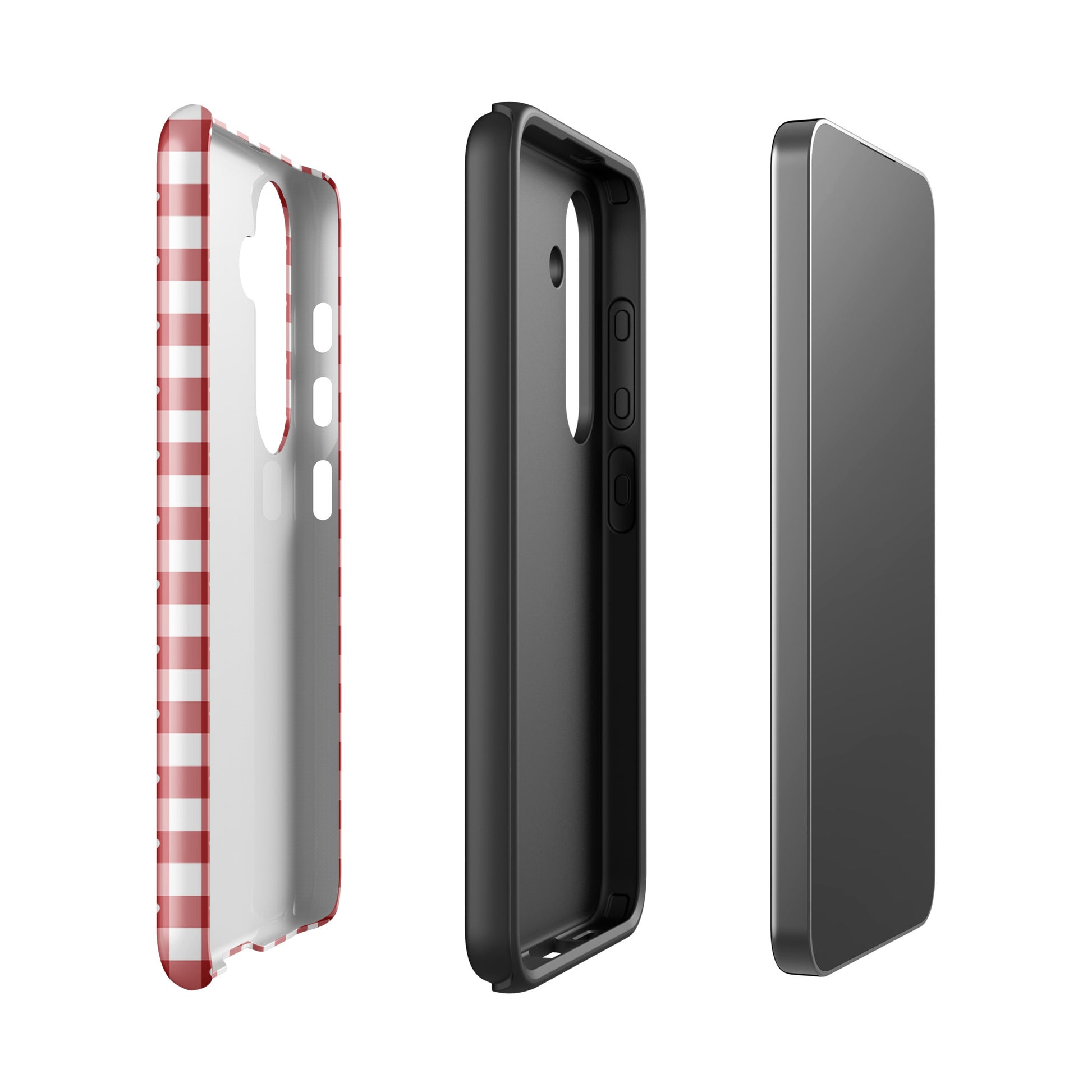 Phone Case for Samsung Galaxy with red and white gingham pattern featuring white hearts, showcasing style and protection.