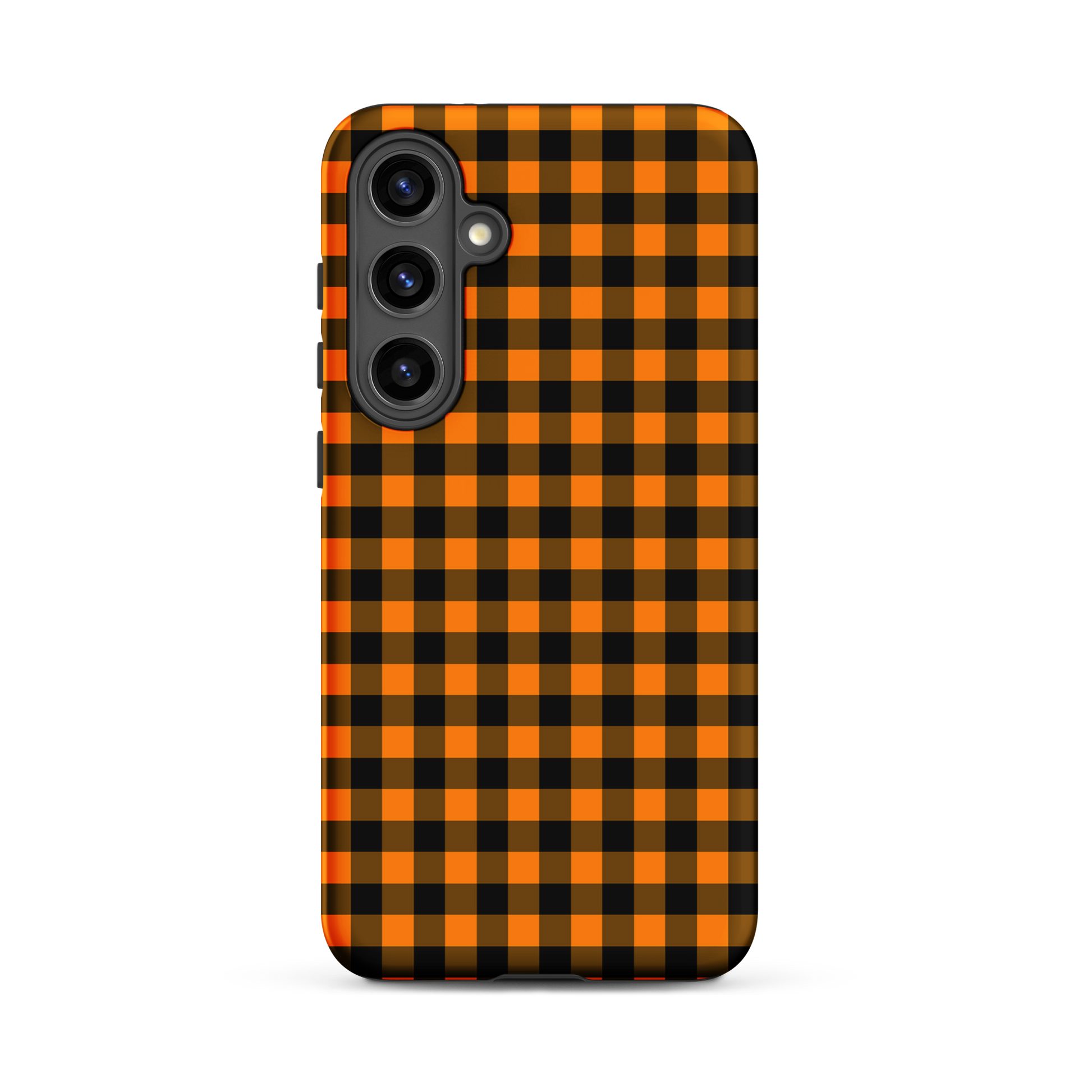 Black-and-orange gingham phone case for Samsung Galaxy, autumn theme design. Stylish and durable accessory.