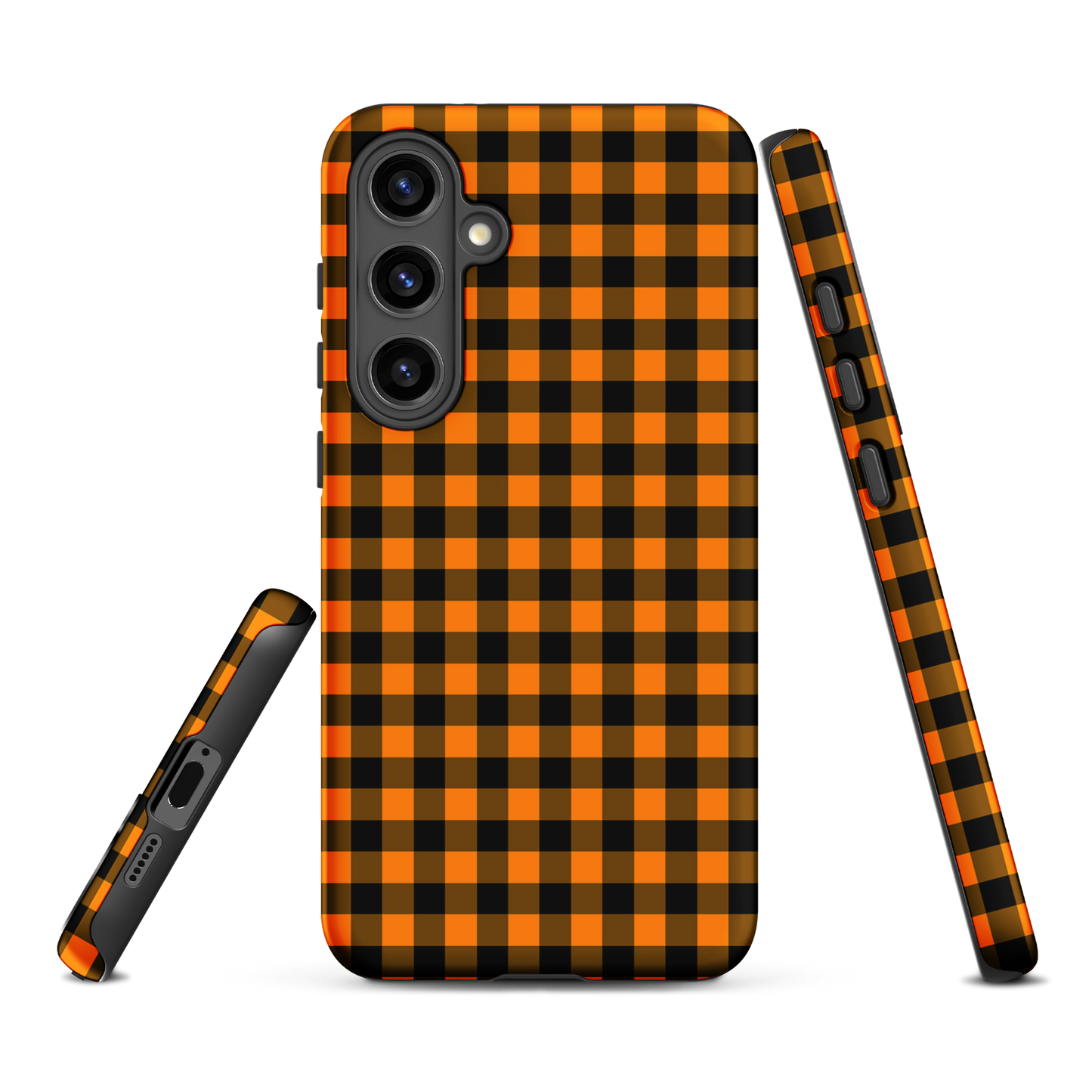 Black-and-orange gingham phone case for Samsung Galaxy with autumn theme