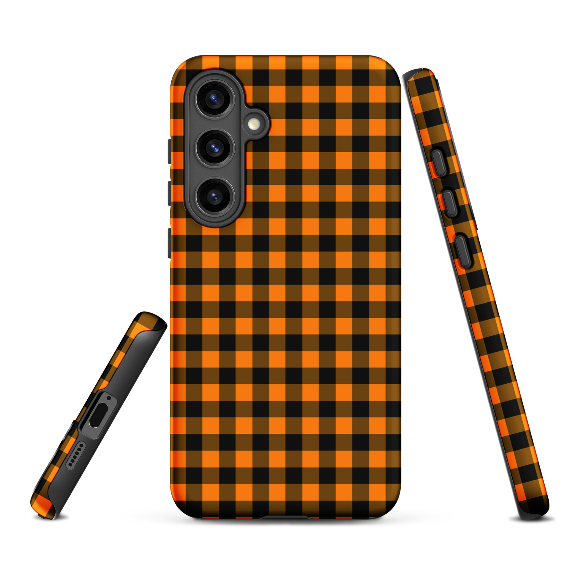 Black-and-orange gingham phone case for Samsung Galaxy with autumn theme