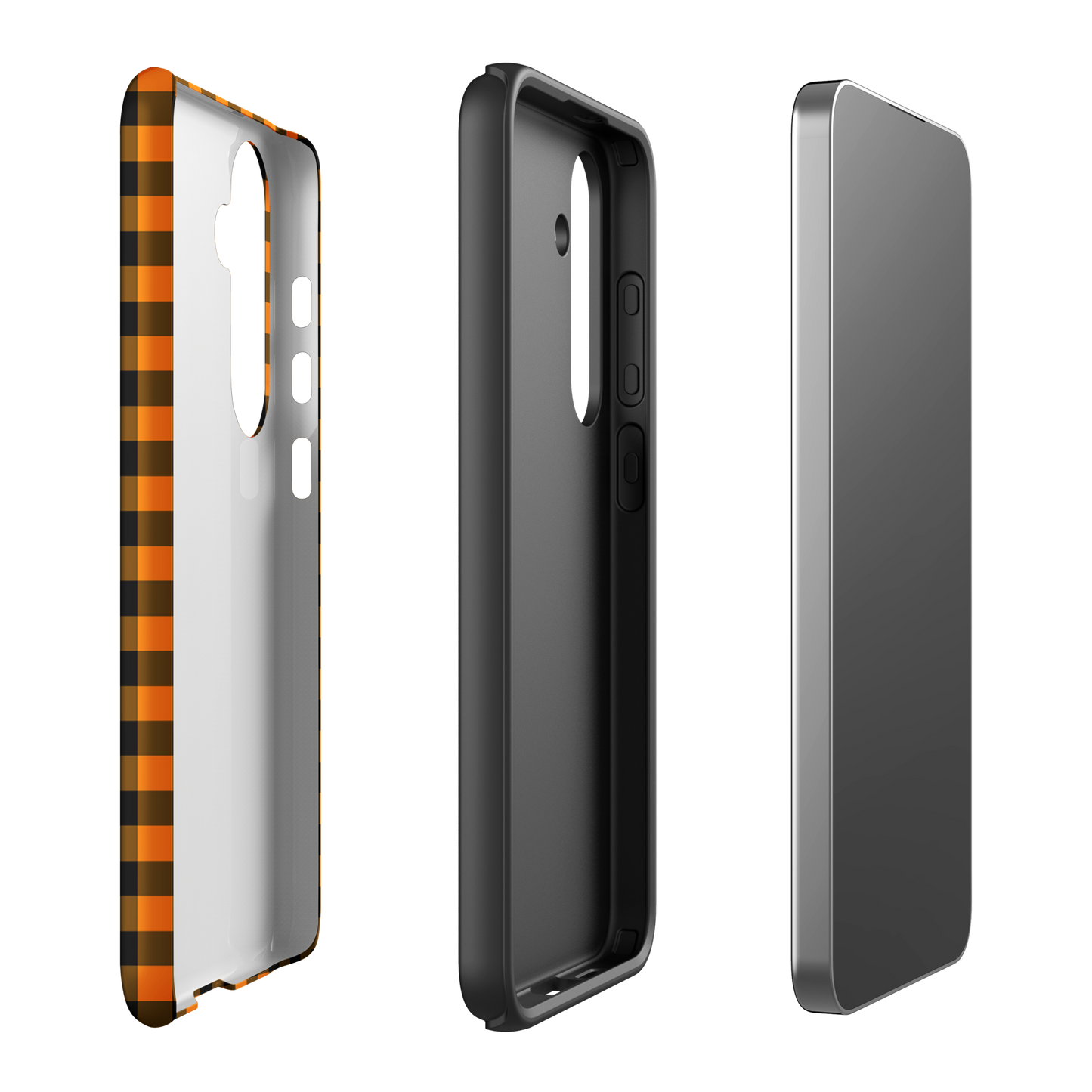 Black-and-orange gingham autumn theme phone case for Samsung Galaxy showcasing modern design and durability.