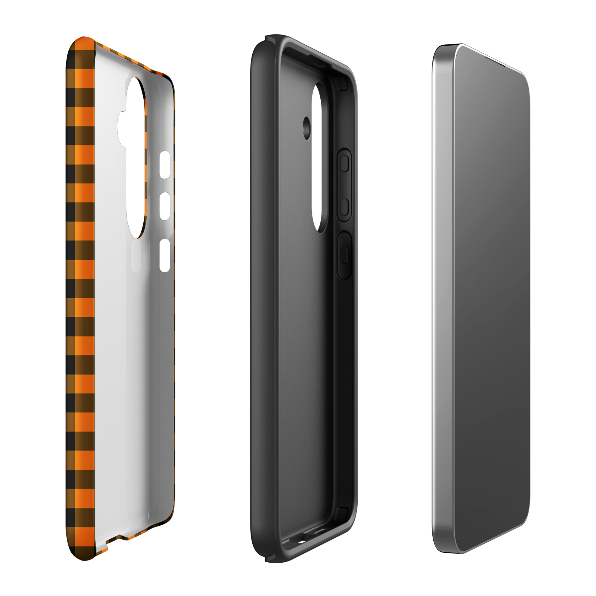 Black-and-orange gingham autumn theme phone case for Samsung Galaxy showcasing modern design and durability.