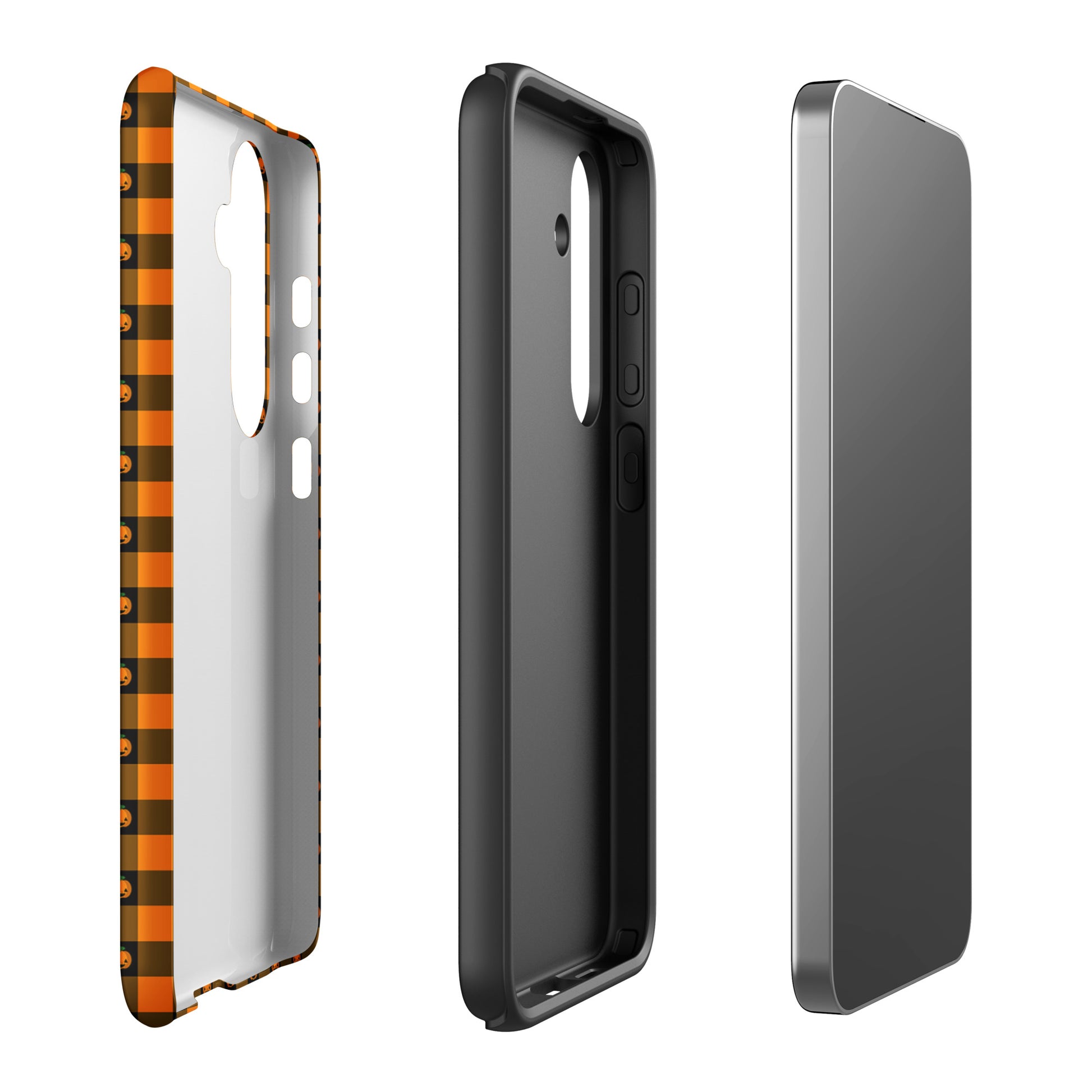 Phone Case for Samsung Galaxy - Playful Pumpkin Gingham Halloween design in black and orange with jack-o'-lantern pattern