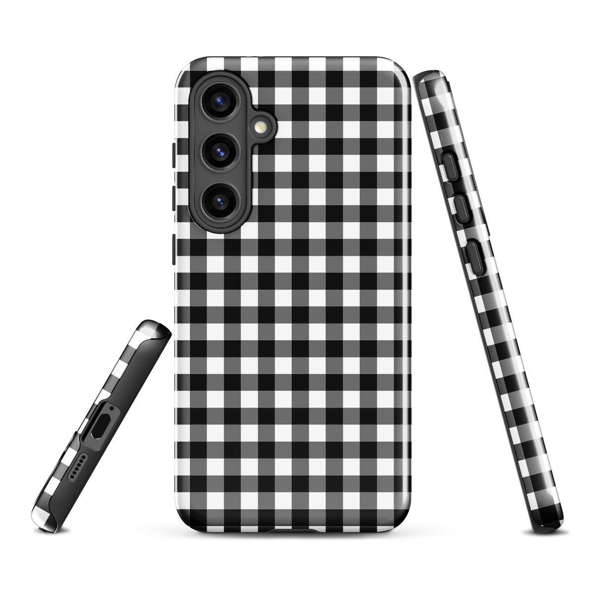 Phone Case for Samsung Galaxy with black and white gingham pattern, showcasing style and durability, back and side views.