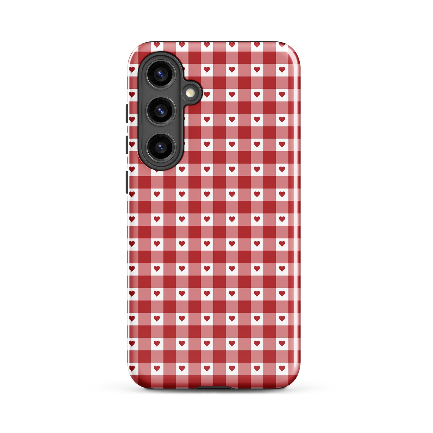 Phone Case for Samsung Galaxy with red gingham heart pattern design, offering style and durability.