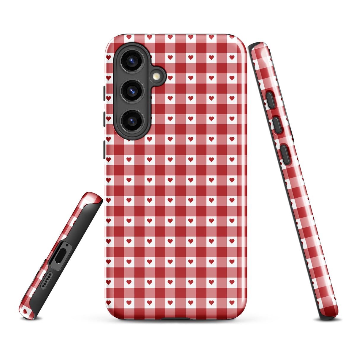 Phone Case for Samsung Galaxy with red gingham heart pattern, showcasing stylish and durable design for a chic accessory.