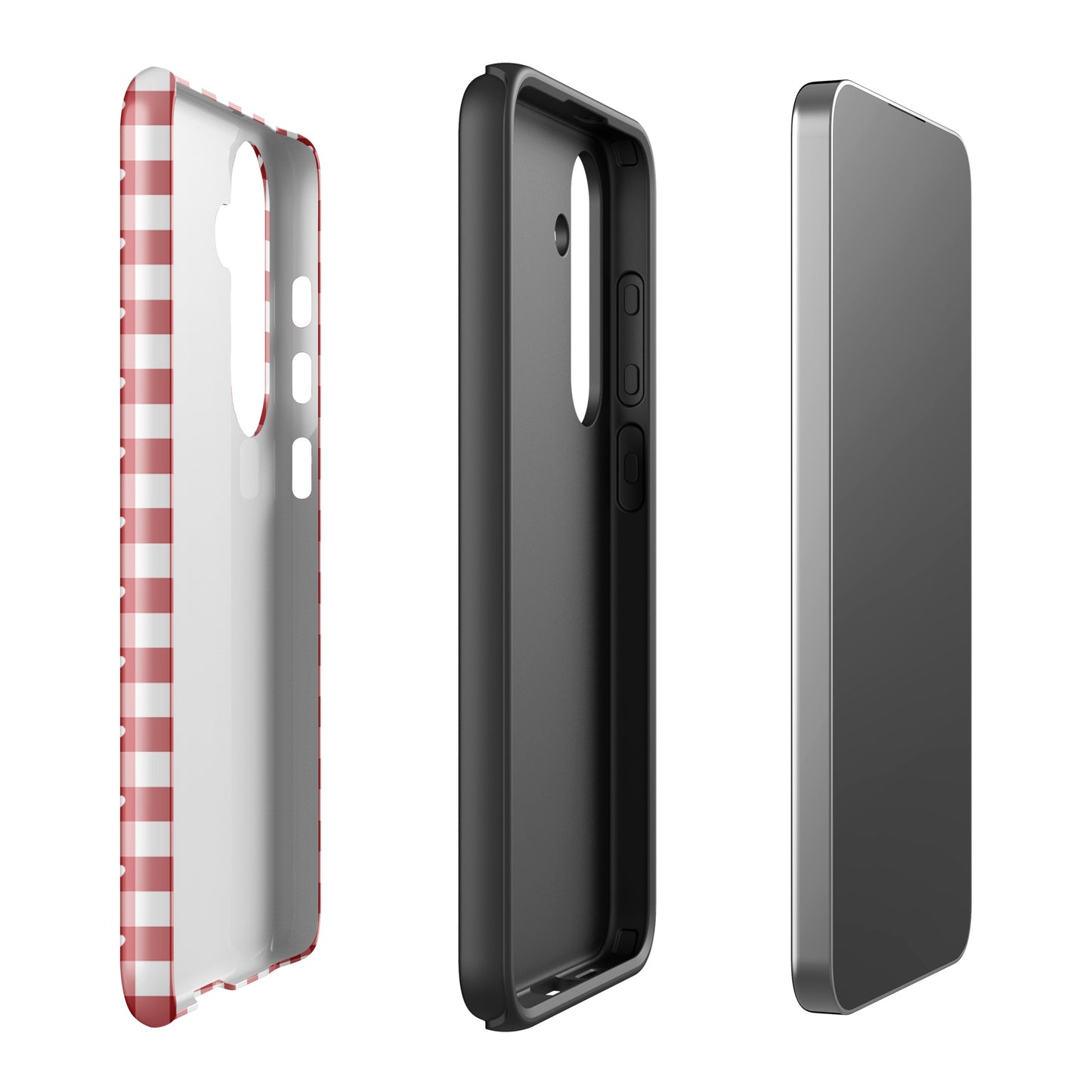 Phone Case for Samsung Galaxy with red and white hearts gingham pattern, stylish and protective design displayed in three perspectives.