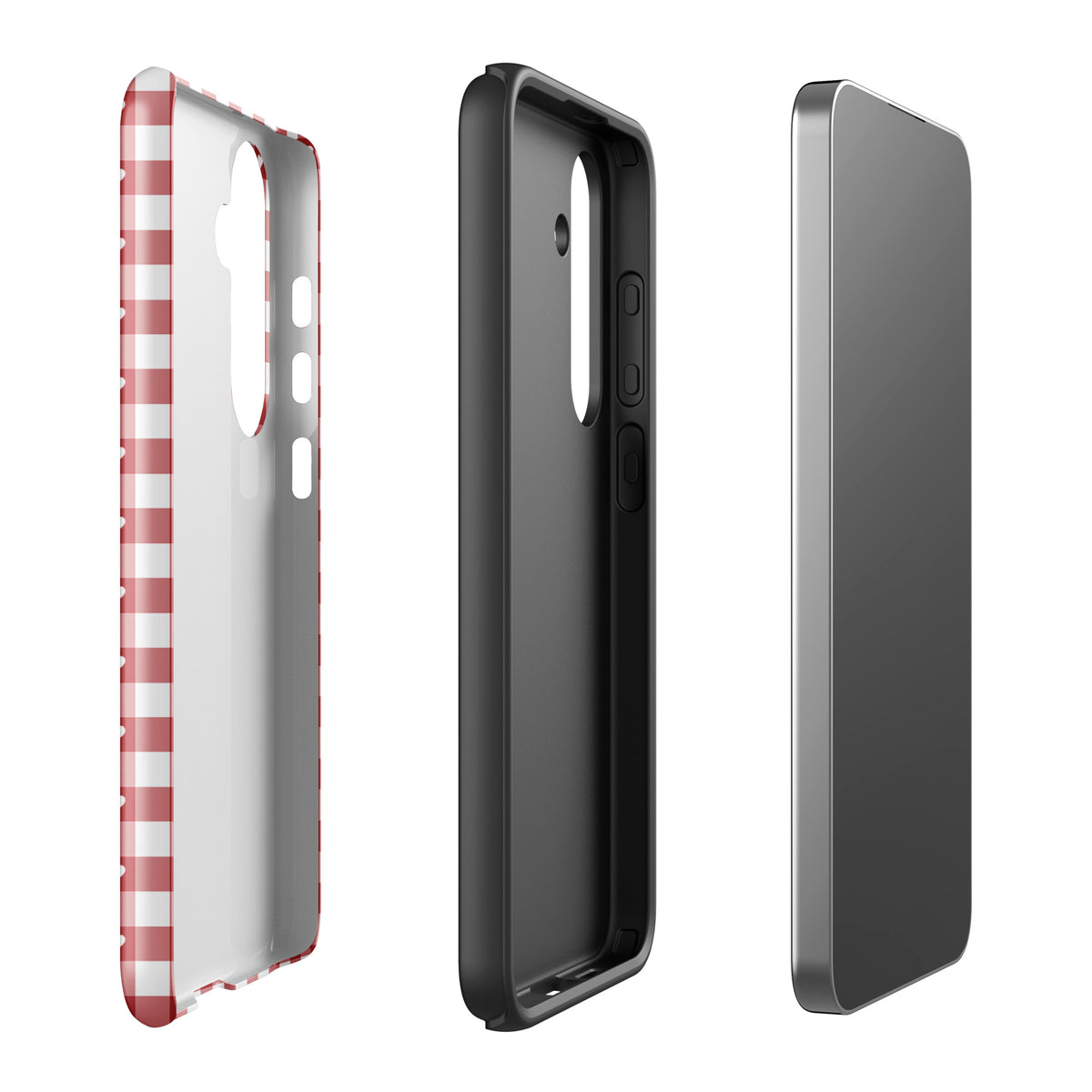 Phone Case for Samsung Galaxy with red and white hearts gingham pattern, stylish and protective design displayed in three perspectives.