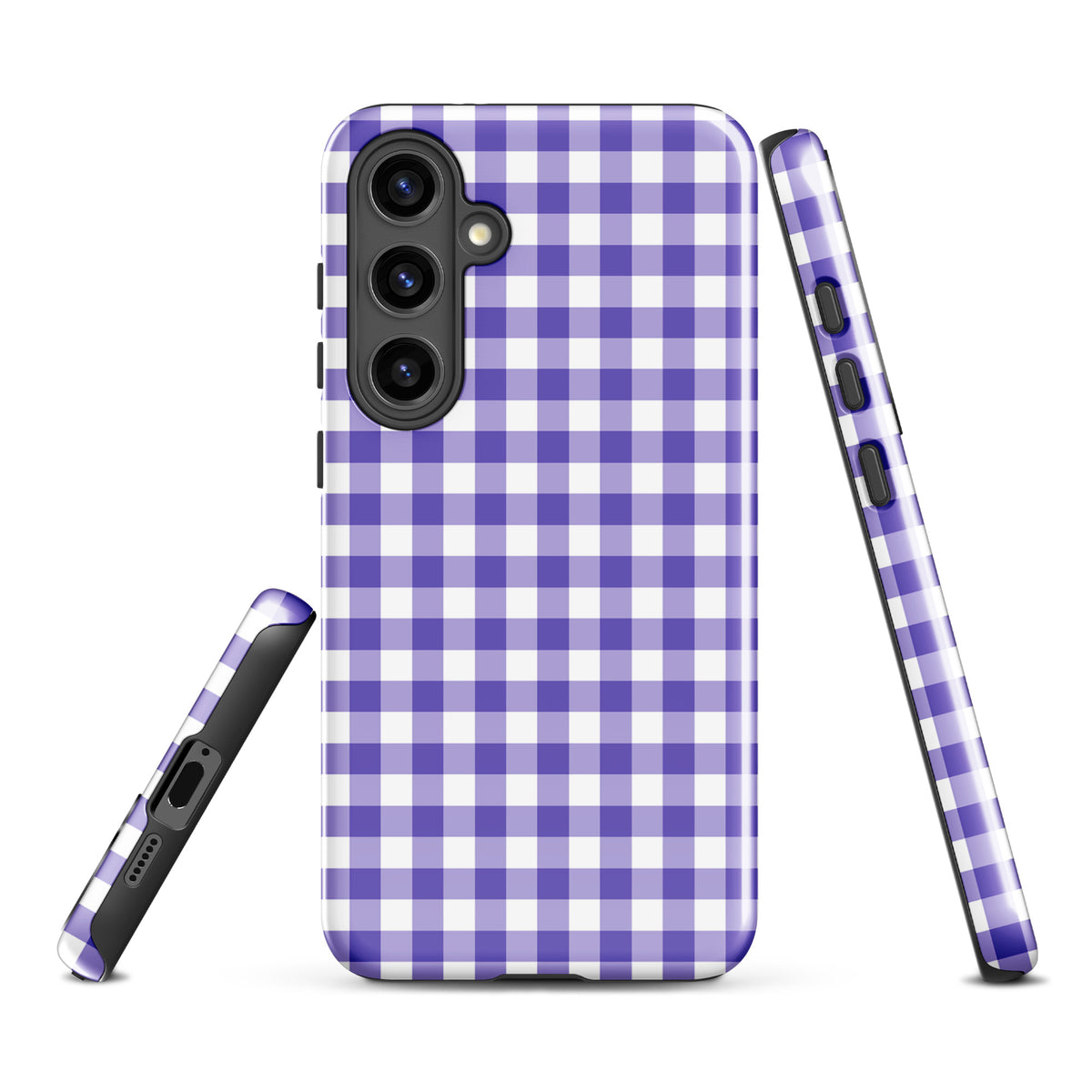 Phone case for Samsung Galaxy with purple and white gingham pattern, combining style and protection for your device.