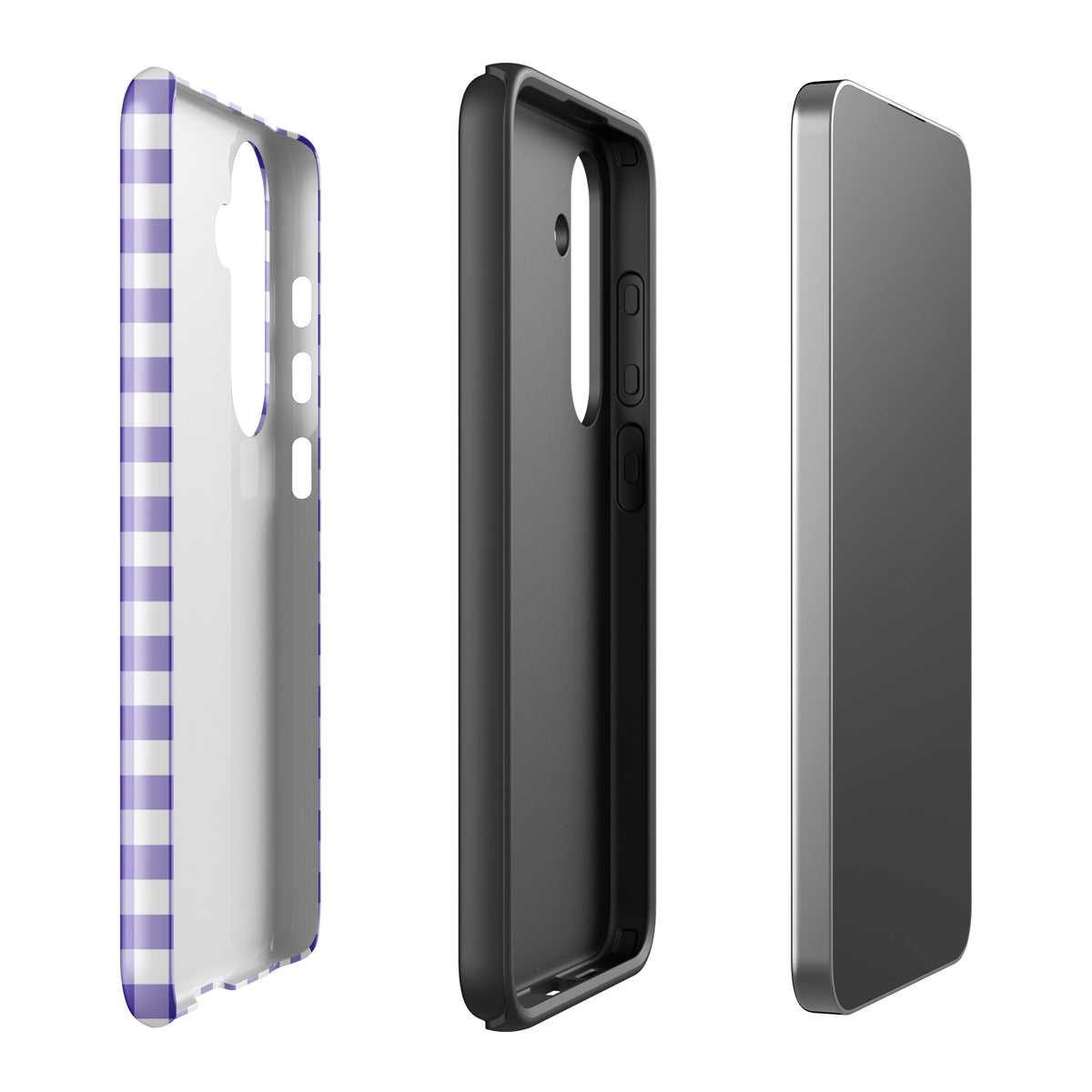 Phone case for Samsung Galaxy with purple and white gingham pattern, showcasing style and protection in a chic design.