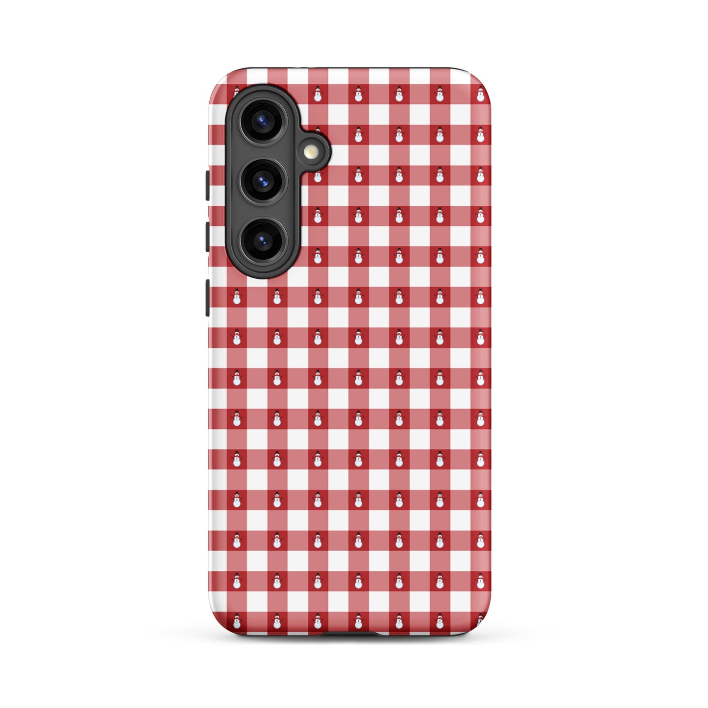 Phone Case for Samsung Galaxy with snowman gingham winter design, featuring red and white check pattern for festive protection.