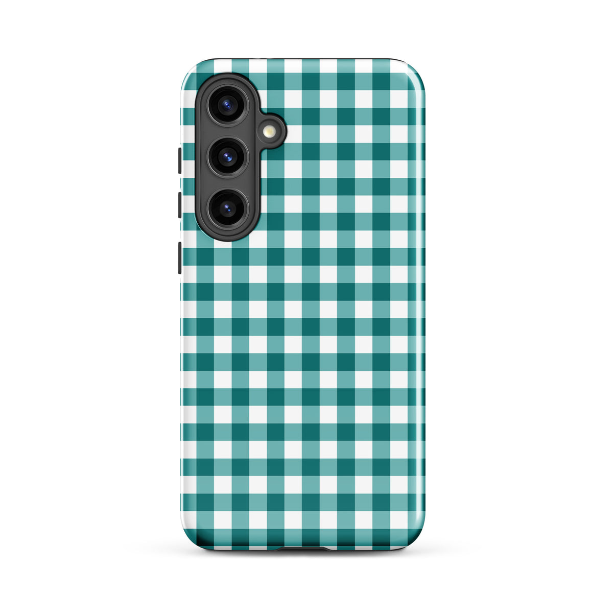 Phone Case for Samsung Galaxy with teal and white gingham pattern, offering style and protection in a chic, modern design.
