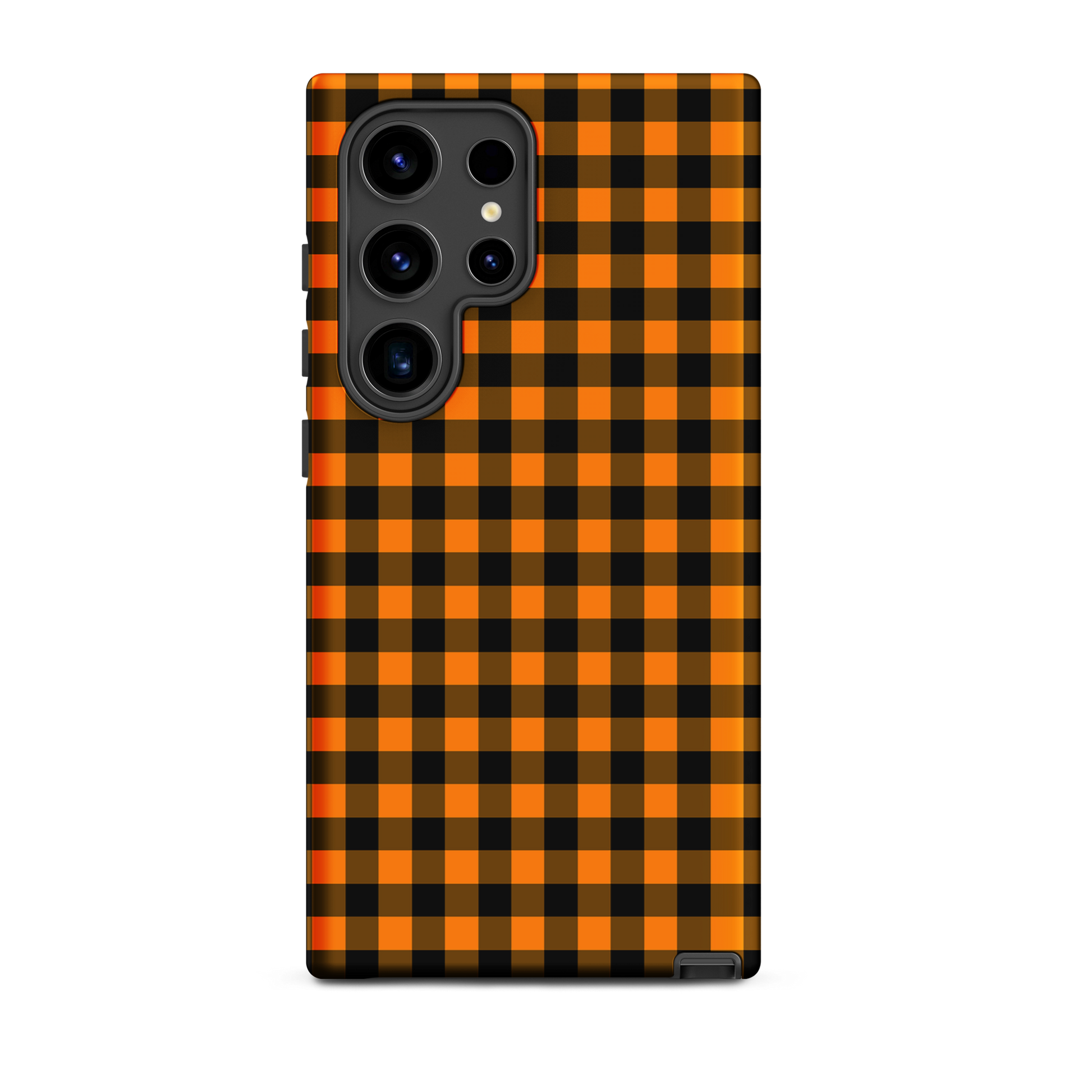 Black-and-orange gingham autumn theme phone case for Samsung Galaxy, offering style and durability in an upscale design.