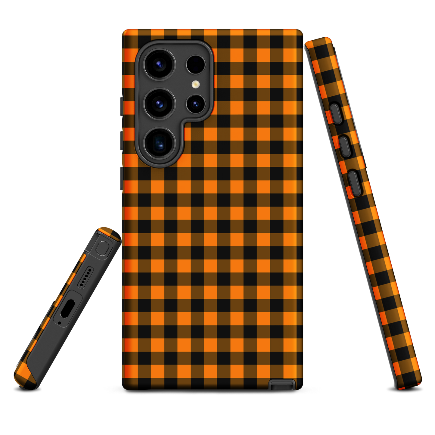 Black-and-orange gingham autumn theme phone case for Samsung Galaxy, showcasing stylish design and durability.