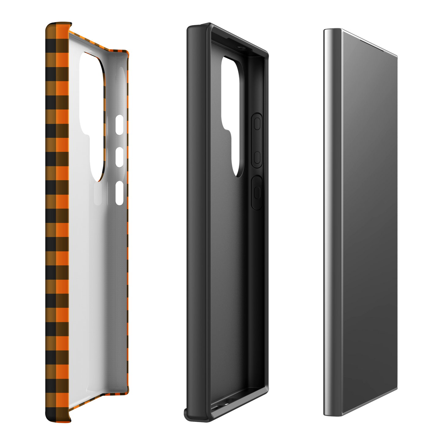 Black-and-orange gingham phone case for Samsung Galaxy, Autumn theme, stylish and durable design, phone case lovers must-have.