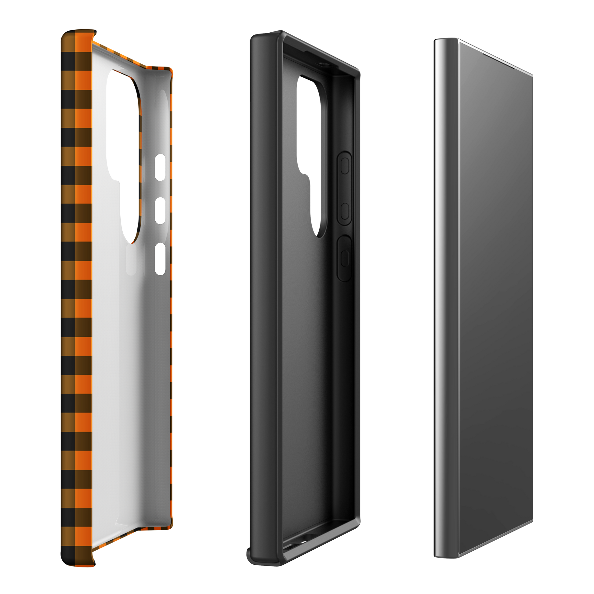 Black-and-orange gingham phone case for Samsung Galaxy, Autumn theme, stylish and durable design, phone case lovers must-have.