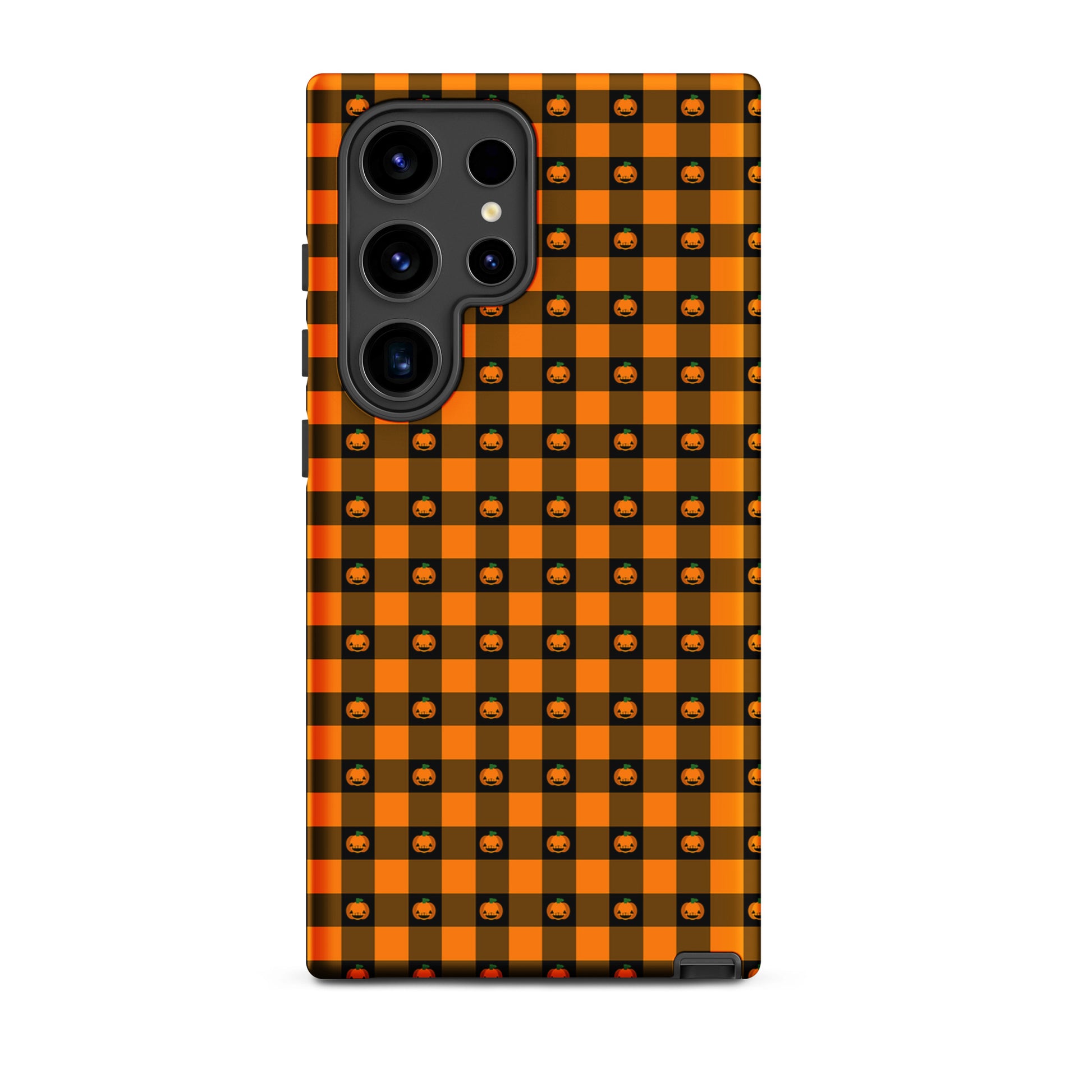 Phone Case for Samsung Galaxy with playful pumpkin gingham Halloween design, featuring orange jack-o’-lantern faces on a checkered pattern.