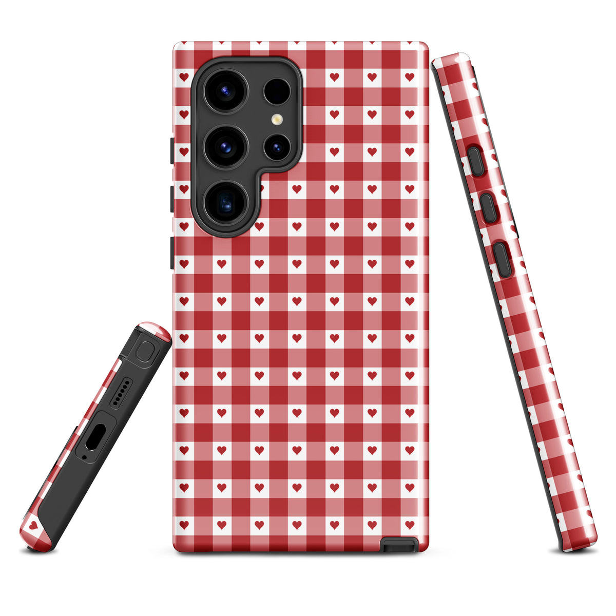 Phone Case for Samsung Galaxy with red gingham heart pattern, stylish and durable accessory.