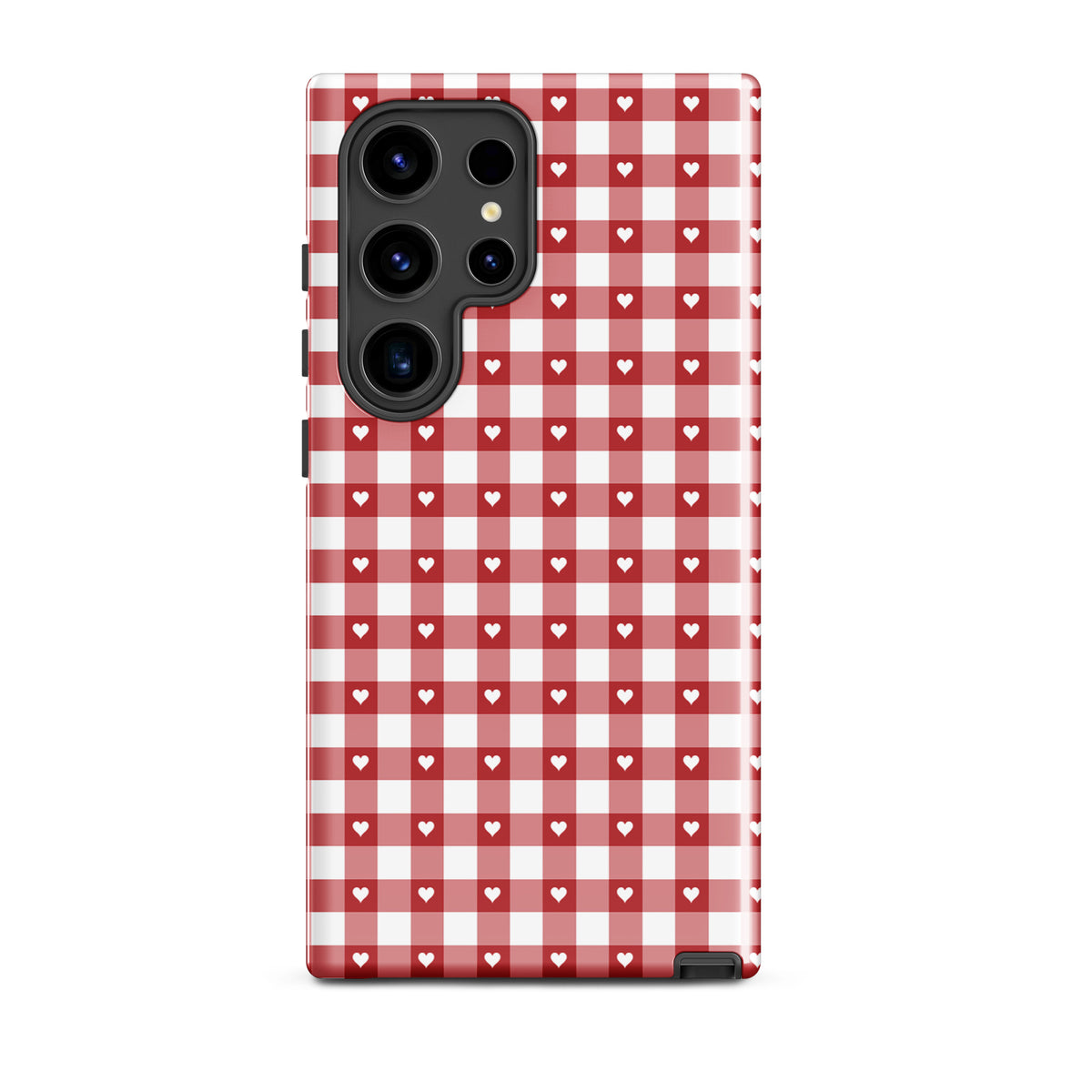 Phone Case for Samsung Galaxy with red and white gingham pattern and white hearts, offering style and protection.