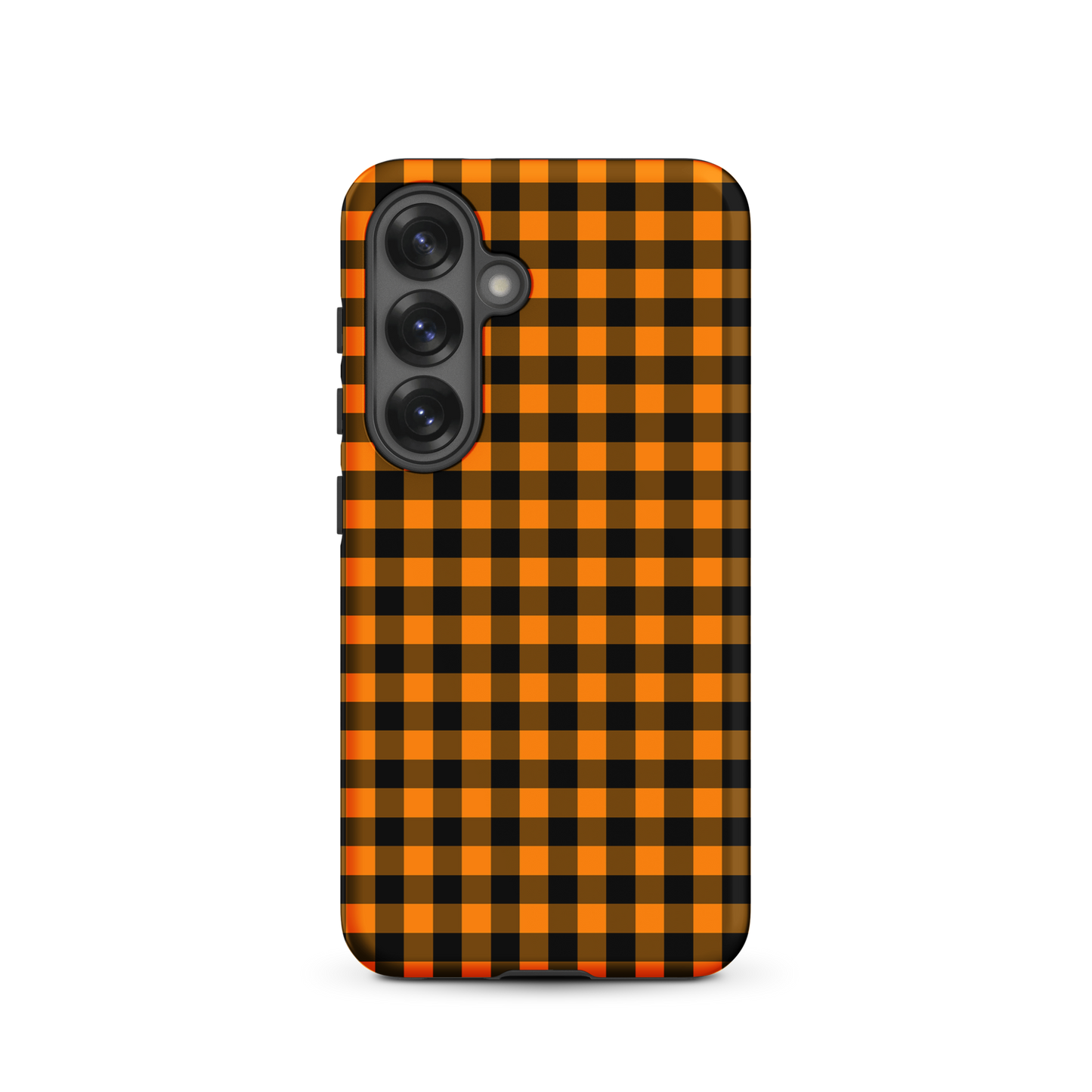 Black-and-orange gingham phone case for Samsung Galaxy, autumn theme, chic and durable design.