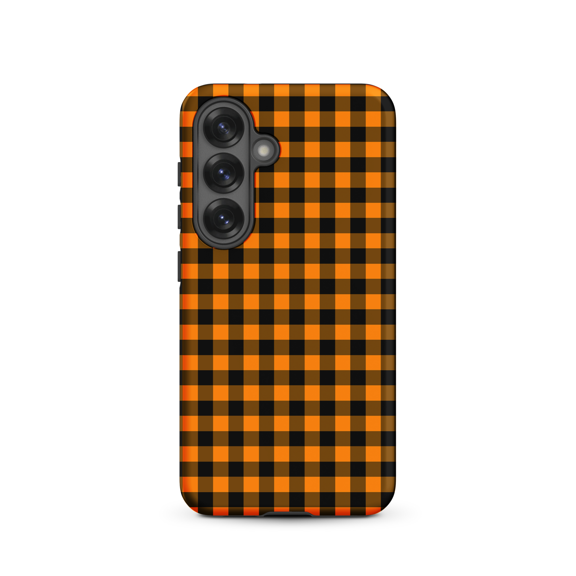 Black-and-orange gingham phone case for Samsung Galaxy, autumn theme, chic and durable design.