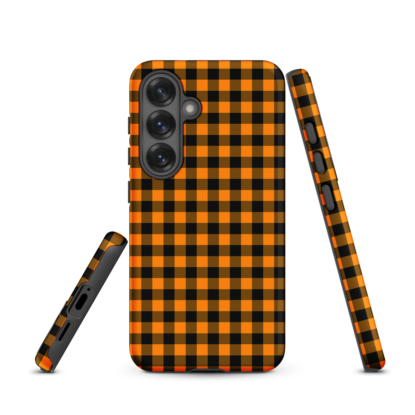 Black-and-orange gingham phone case for Samsung Galaxy with autumn theme, chic durable design.