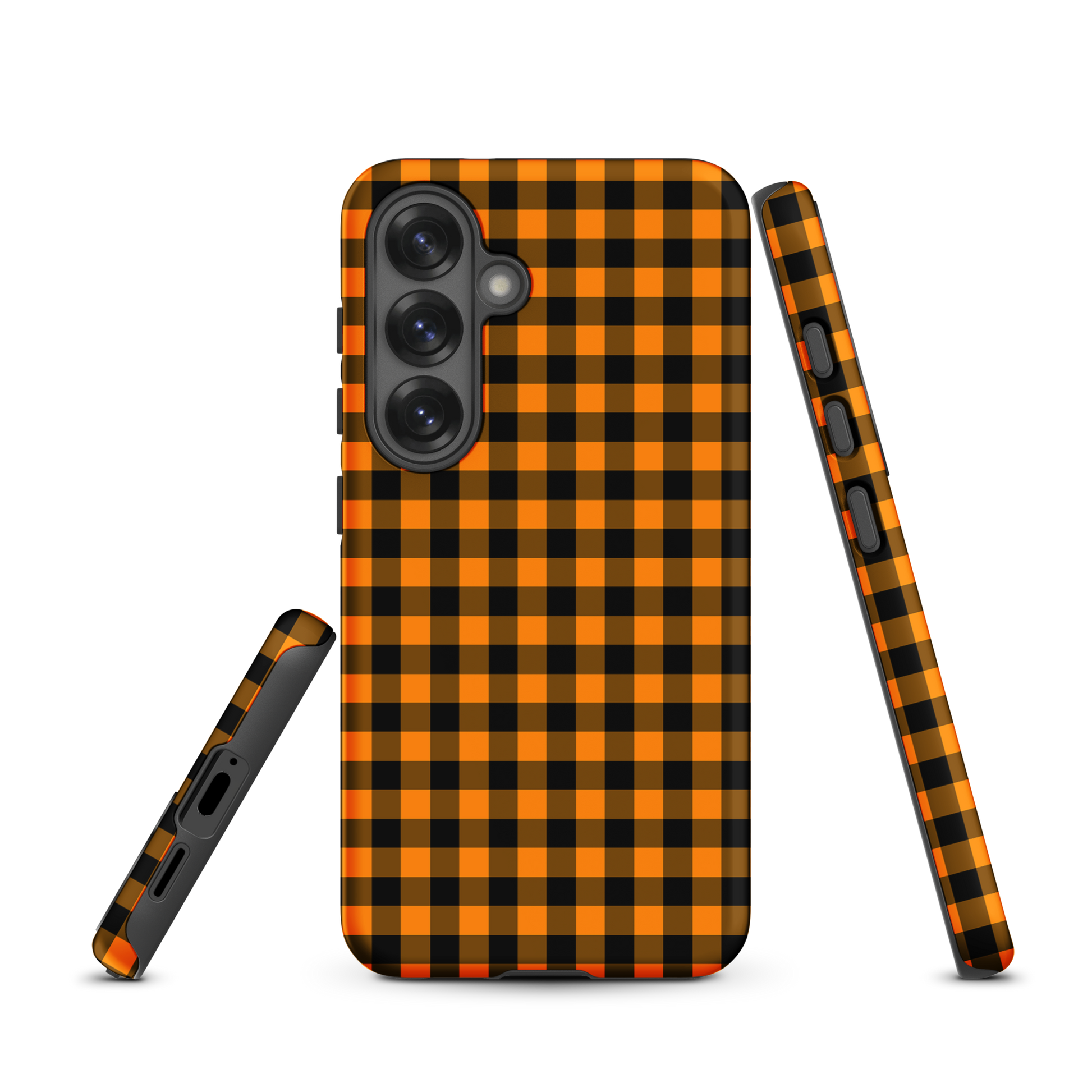 Black-and-orange gingham phone case for Samsung Galaxy with autumn theme, chic durable design.