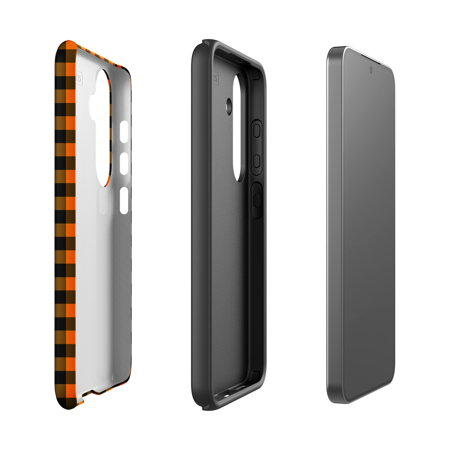Black-and-orange gingham phone case for Samsung Galaxy with autumn theme, showcasing modern style and premium craftsmanship.