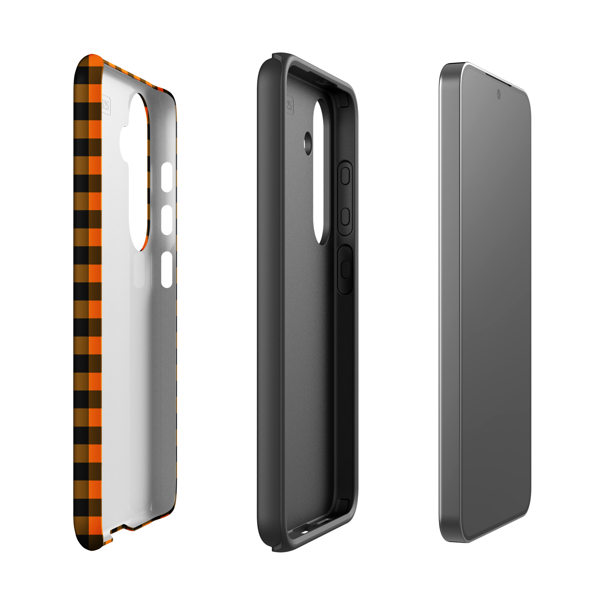 Black-and-orange gingham phone case for Samsung Galaxy with autumn theme, showcasing modern style and premium craftsmanship.