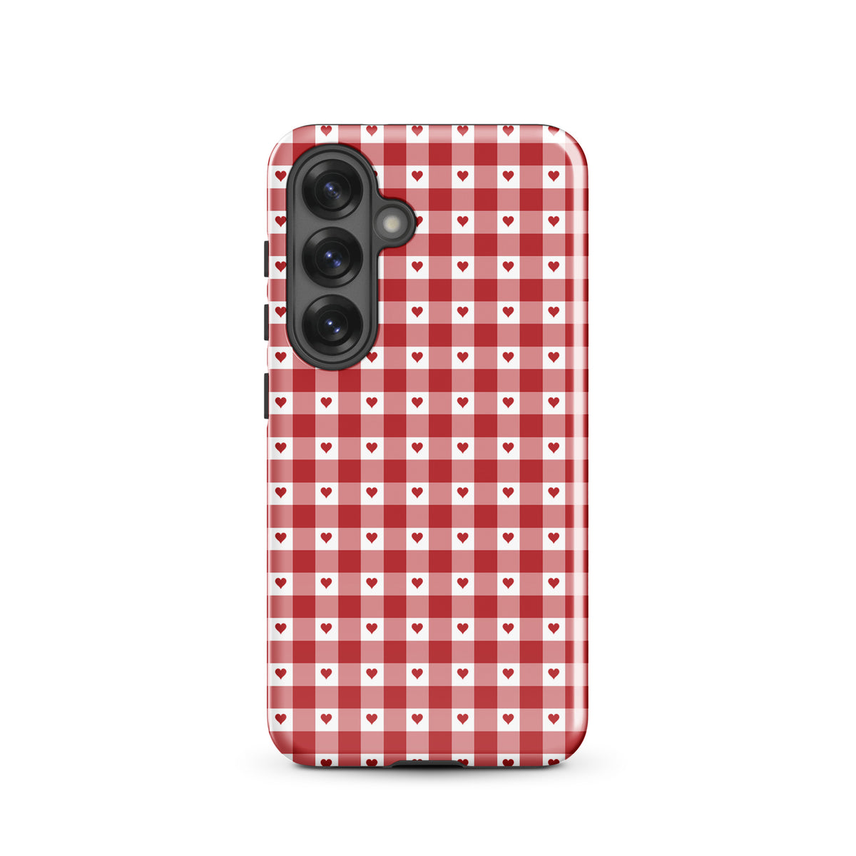 Phone Case with red gingham heart pattern for Samsung Galaxy, blending playful charm and durability for a chic accessory.