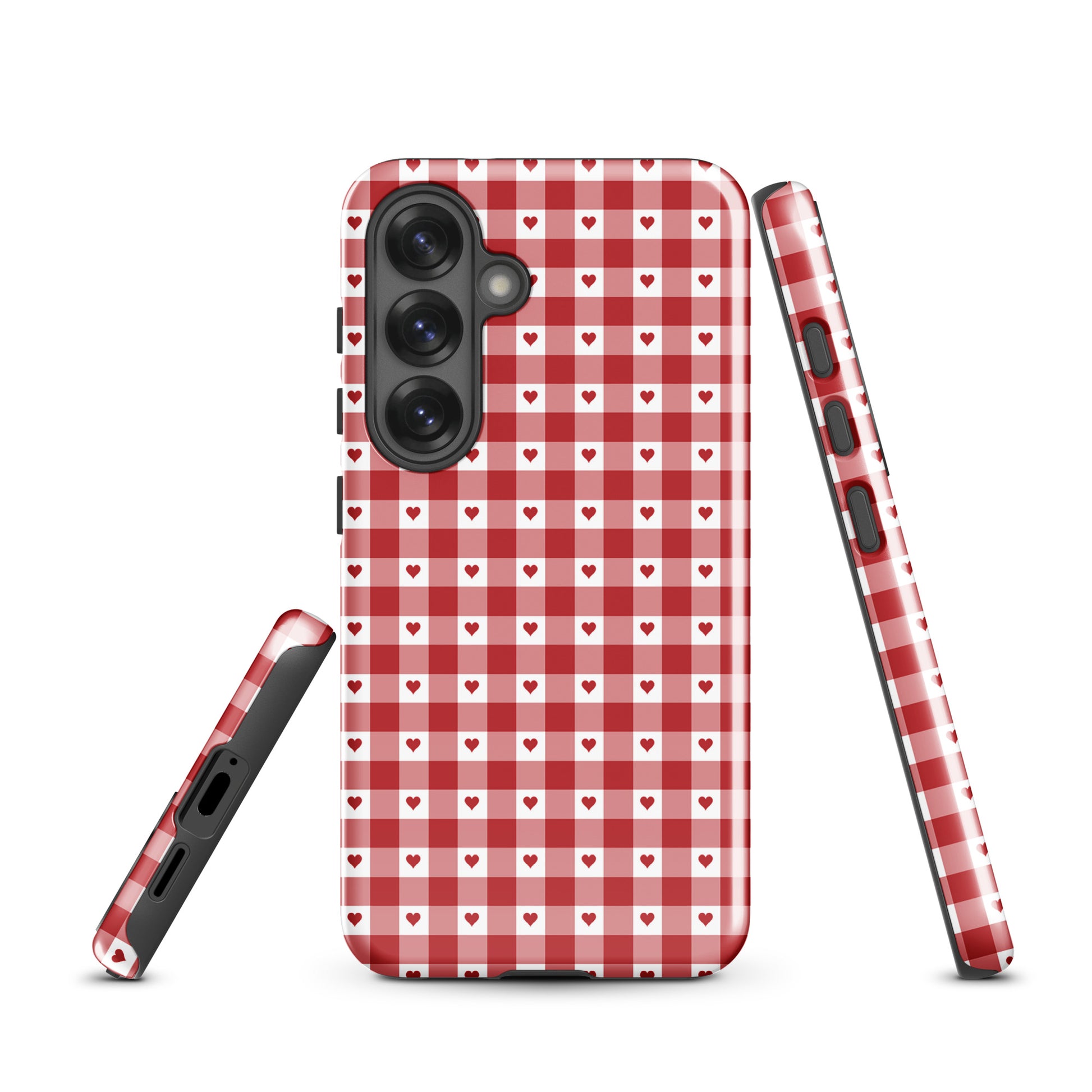 Phone Case for Samsung Galaxy with red gingham heart pattern, chic and durable, stylish accessory for your device.
