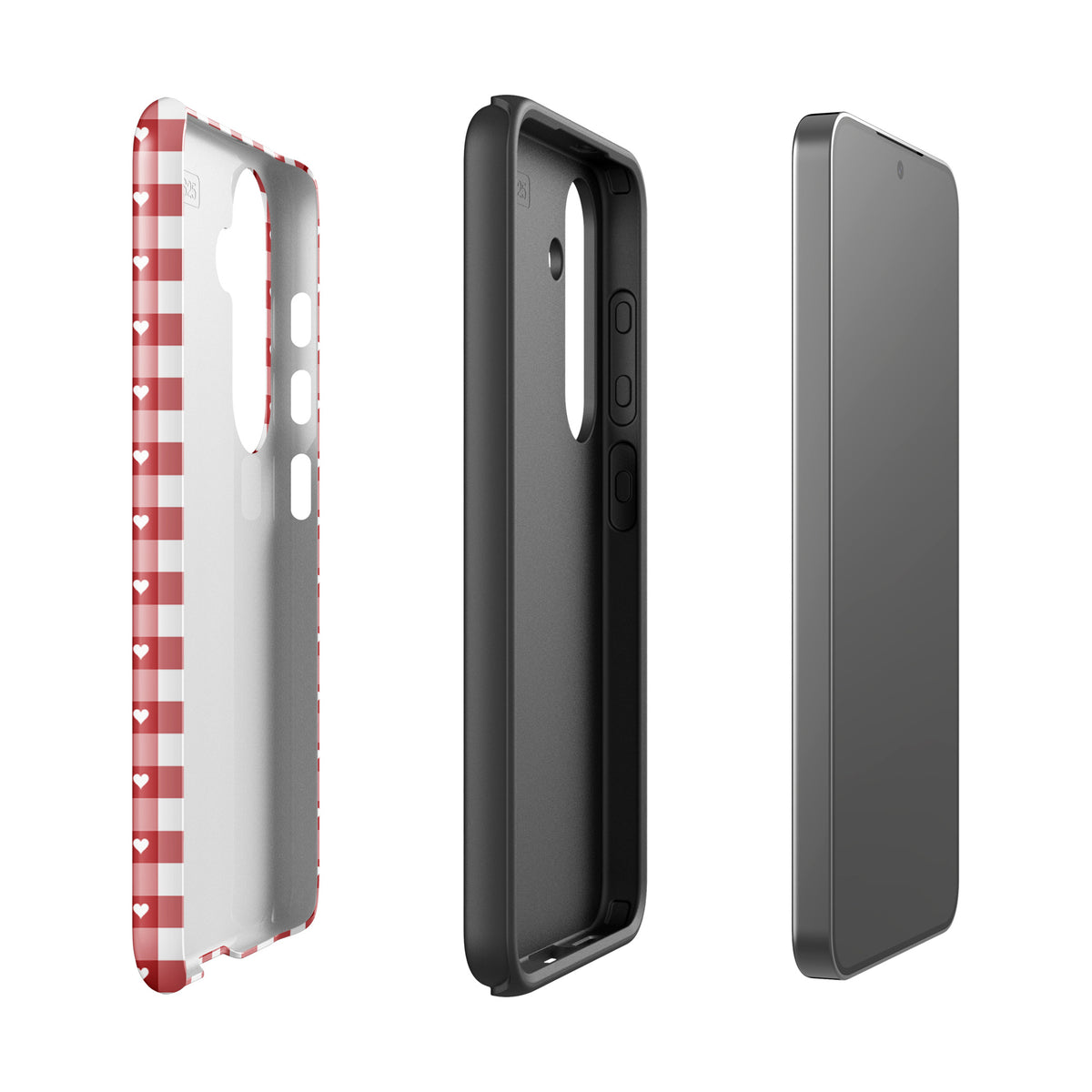 Phone Case for Samsung Galaxy with red and white gingham pattern and white hearts, style meets protection.