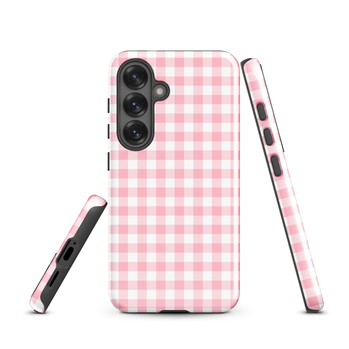 Phone Case for Samsung Galaxy in pink and white gingham pattern, blending style with protection.