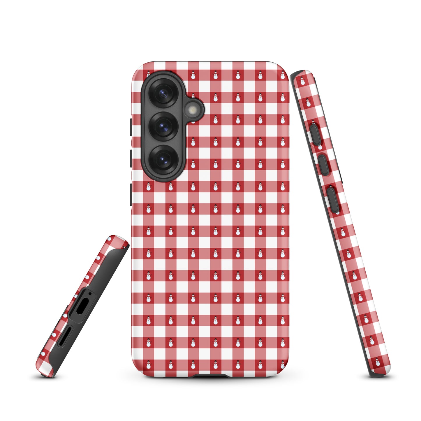 Phone Case for Samsung Galaxy with snowman gingham winter design in red and white, featuring festive protection and holiday charm.