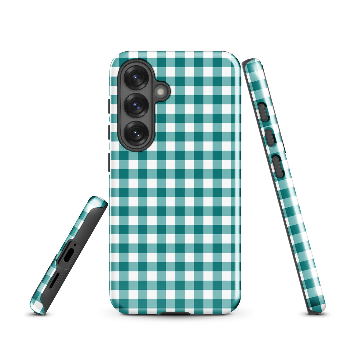 Phone Case for Samsung Galaxy with teal and white gingham pattern, stylish design combining luxury and durability.