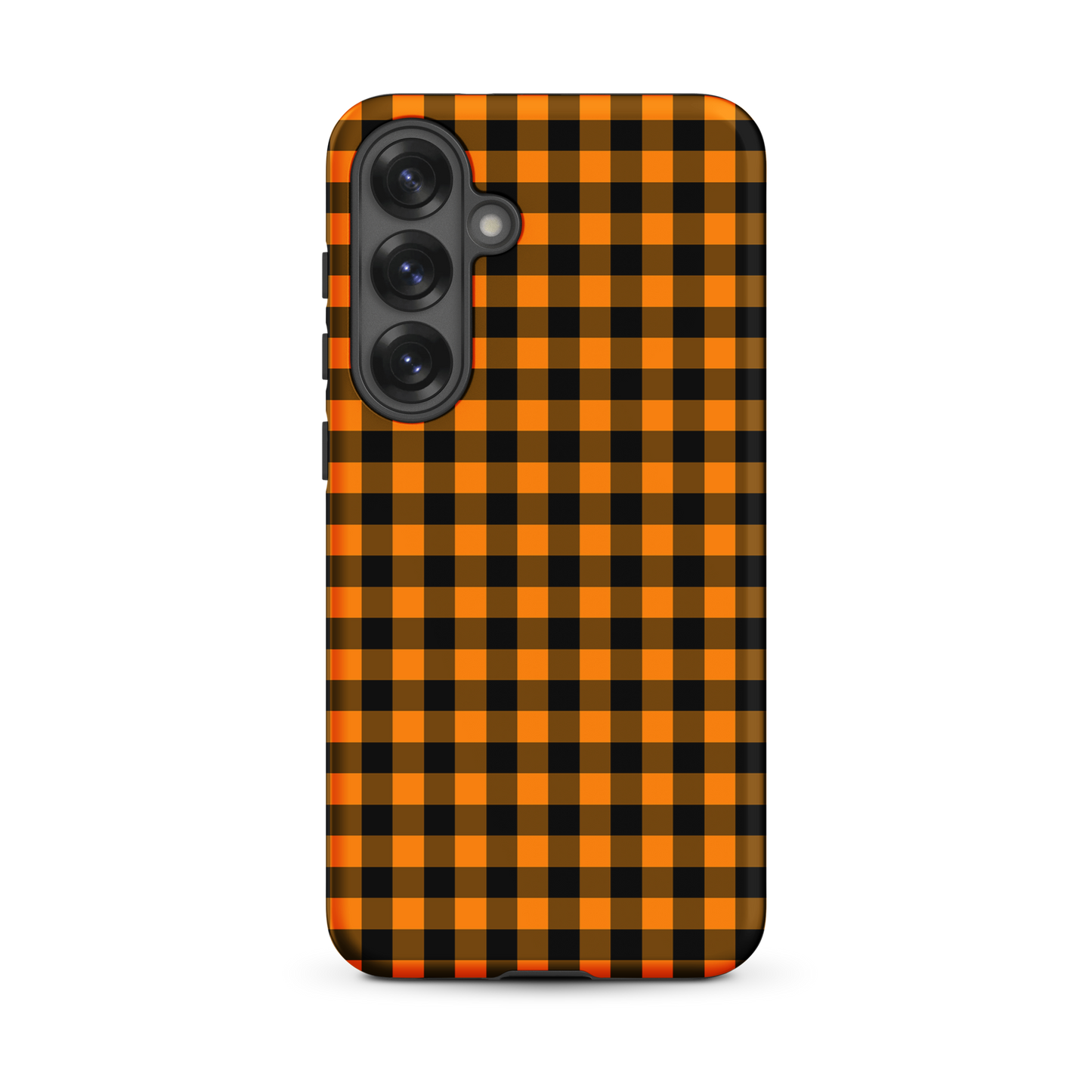 phone case for Samsung Galaxy with black-and-orange gingham autumn theme design