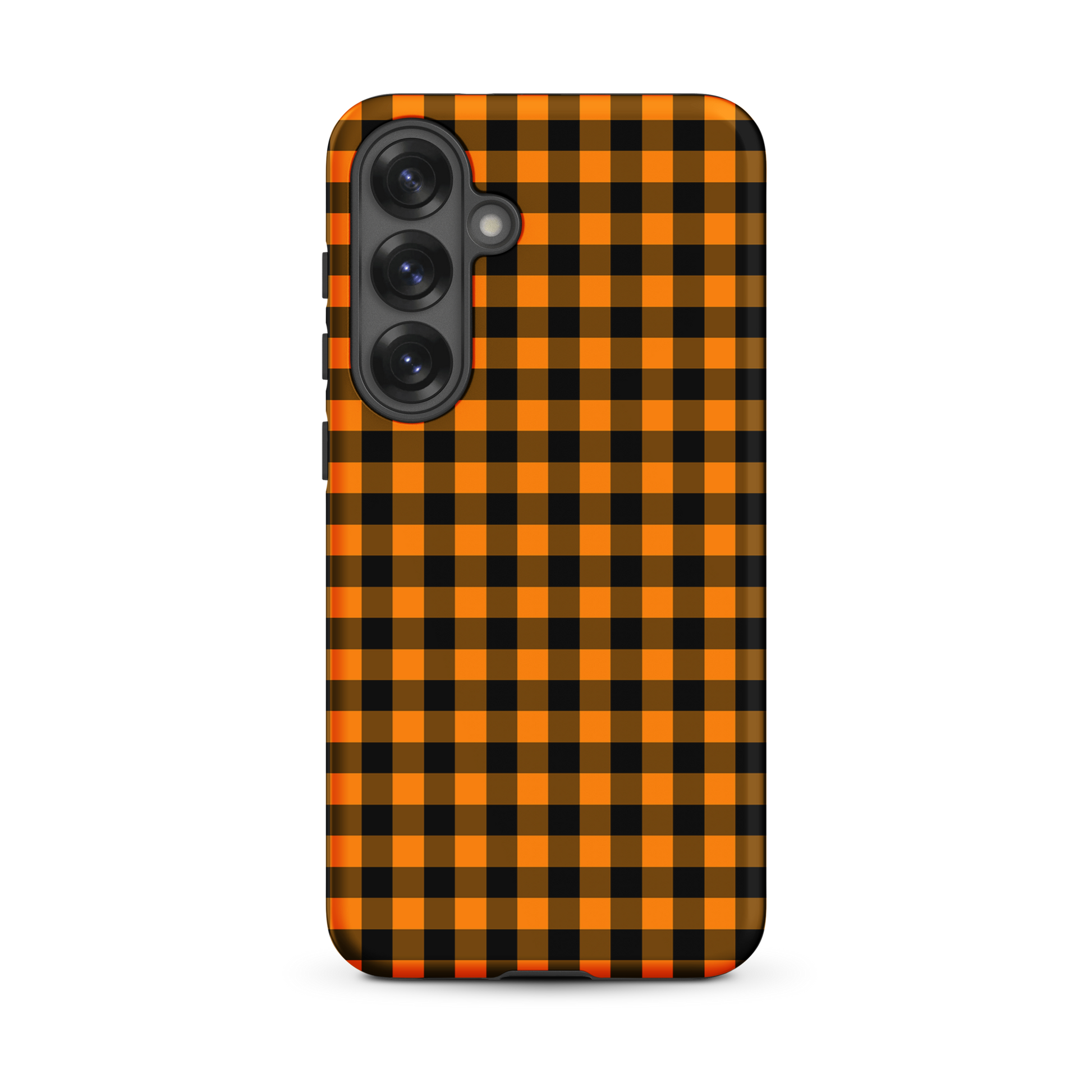 phone case for Samsung Galaxy with black-and-orange gingham autumn theme design
