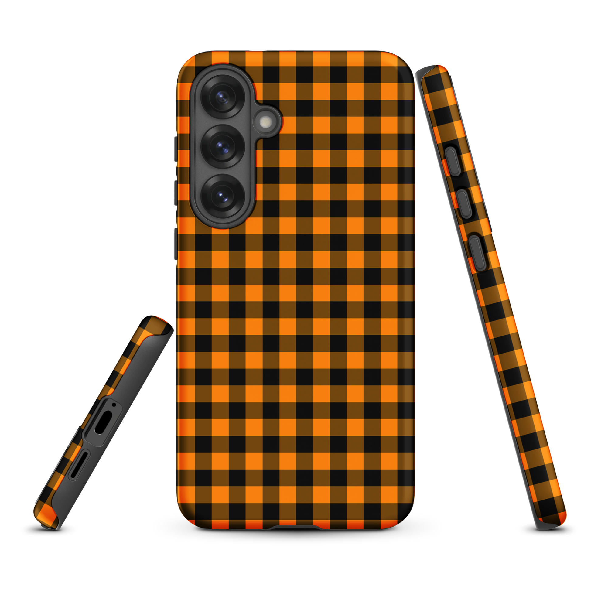 Black-and-orange gingham phone case for Samsung Galaxy with autumn theme, durable luxury design, chic accessory.