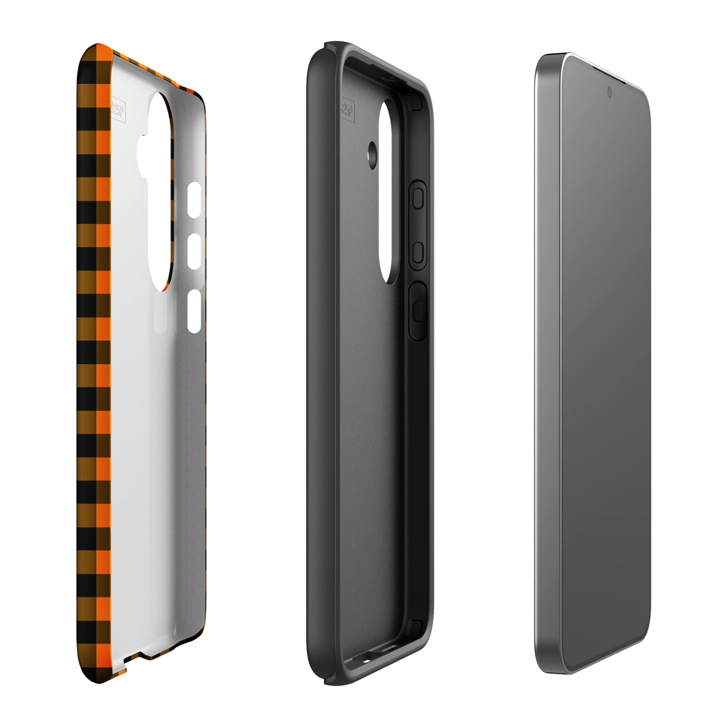 Black-and-orange gingham autumn theme phone case for Samsung Galaxy, showcasing stylish design and durable craftsmanship.